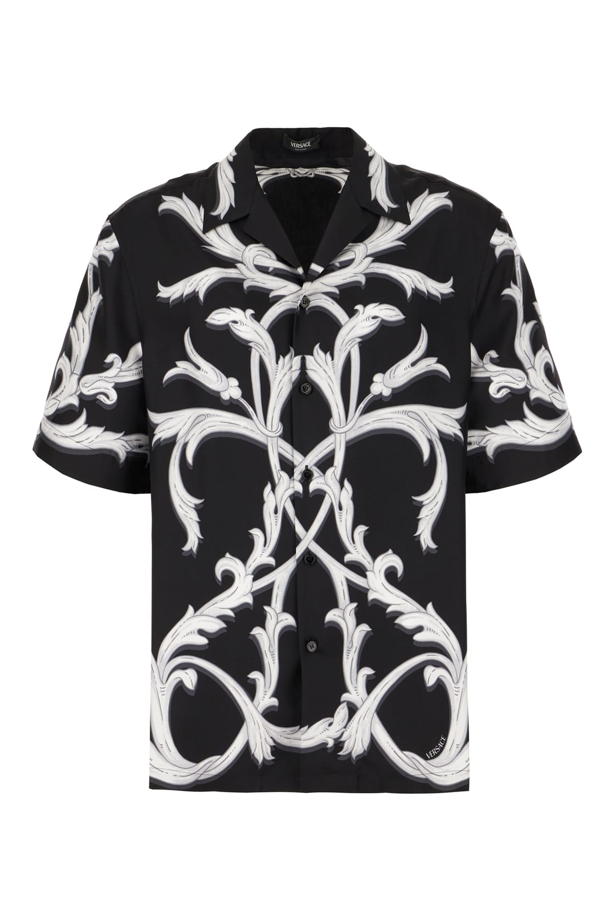 Shop Versace Printed Silk Shirt In Black