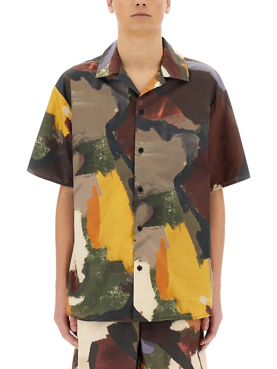 Jw Anderson J. W. Anderson Wide V-neck Short Sleeve Shirt With Abstract Print In Multicolour