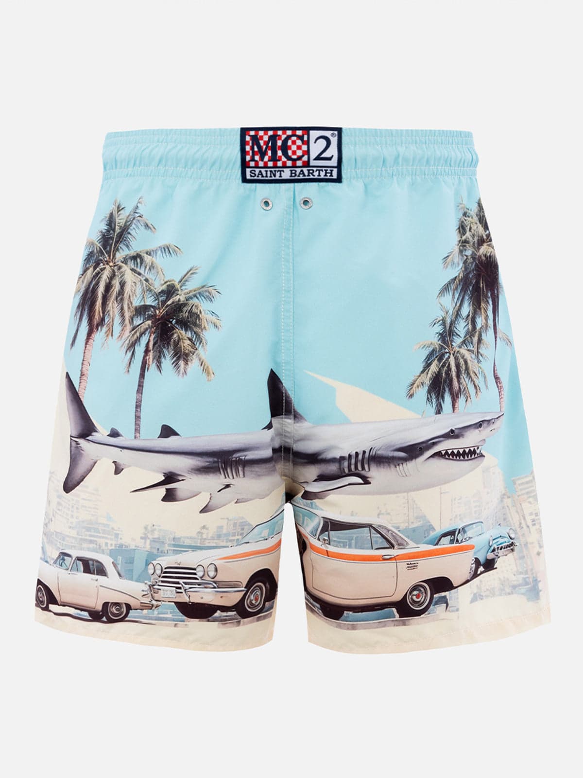 Mc2 Saint Barth Man Mid-length Gustavia Swim-shorts With Car And Shark Placed Print Ai Co-created Design By Rickdick In Green