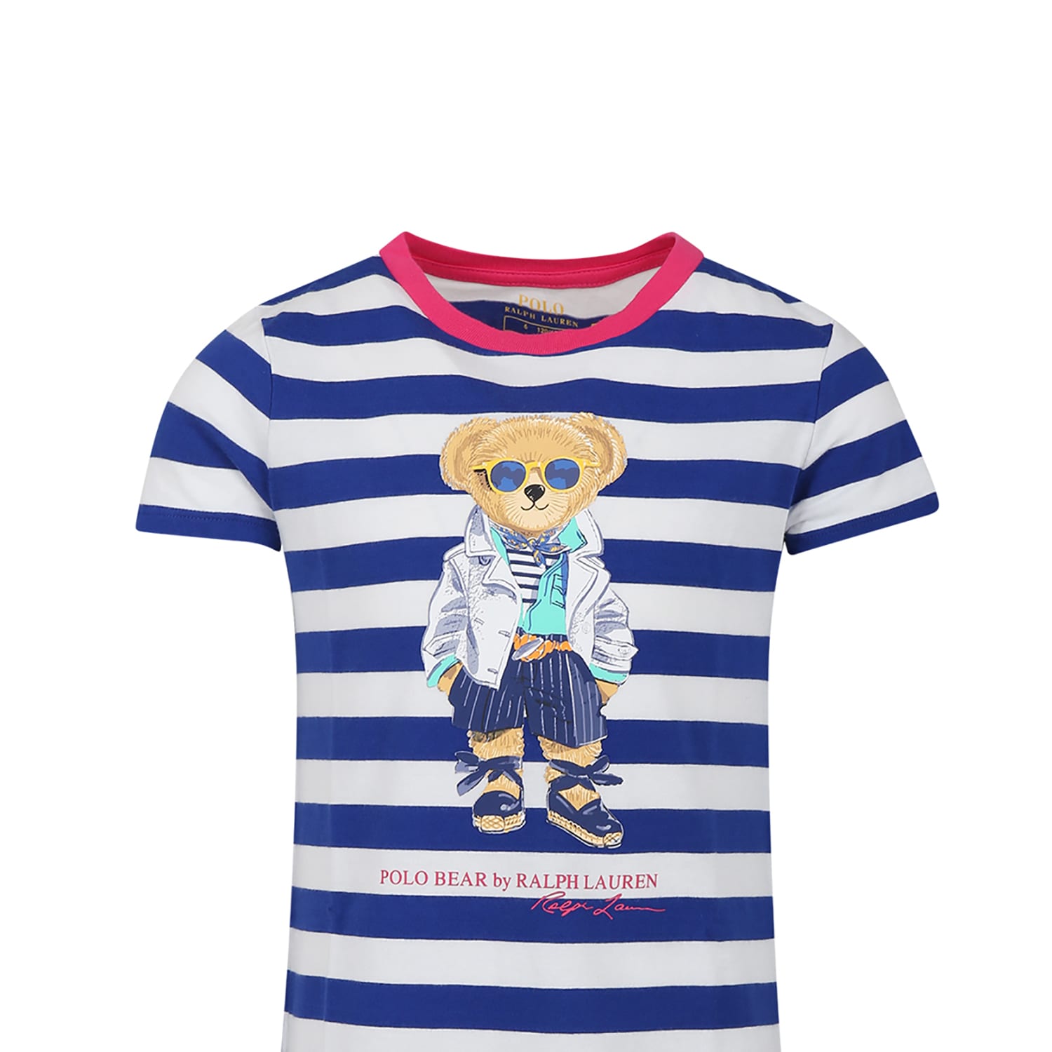 Shop Ralph Lauren Blue Dress For Girl With Polo Bear In Multicolor
