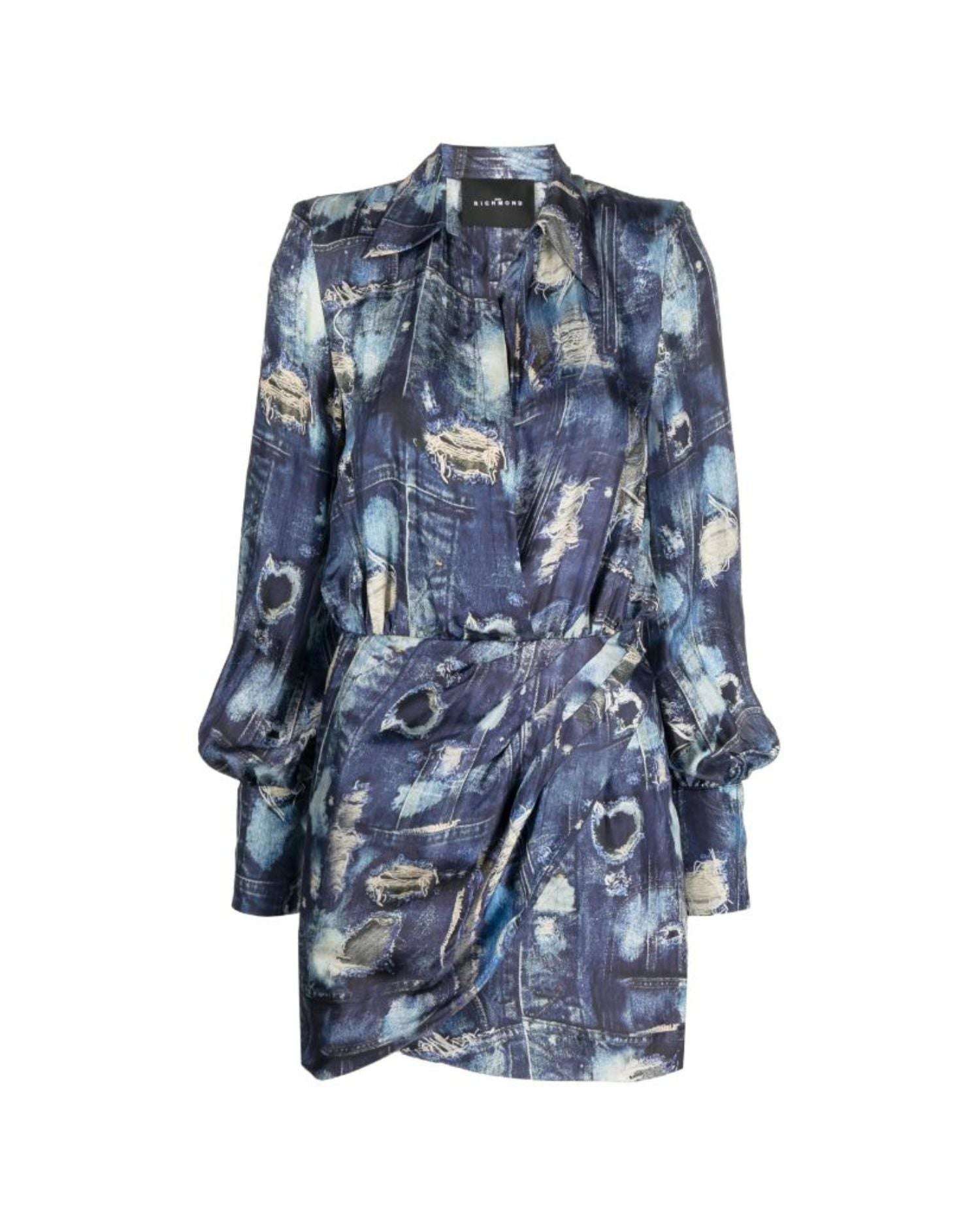 John Richmond Short Dress With Wrapped Skirt And Wide Neckline. Iconic Runway Denim-effect Pattern. In Fantasia
