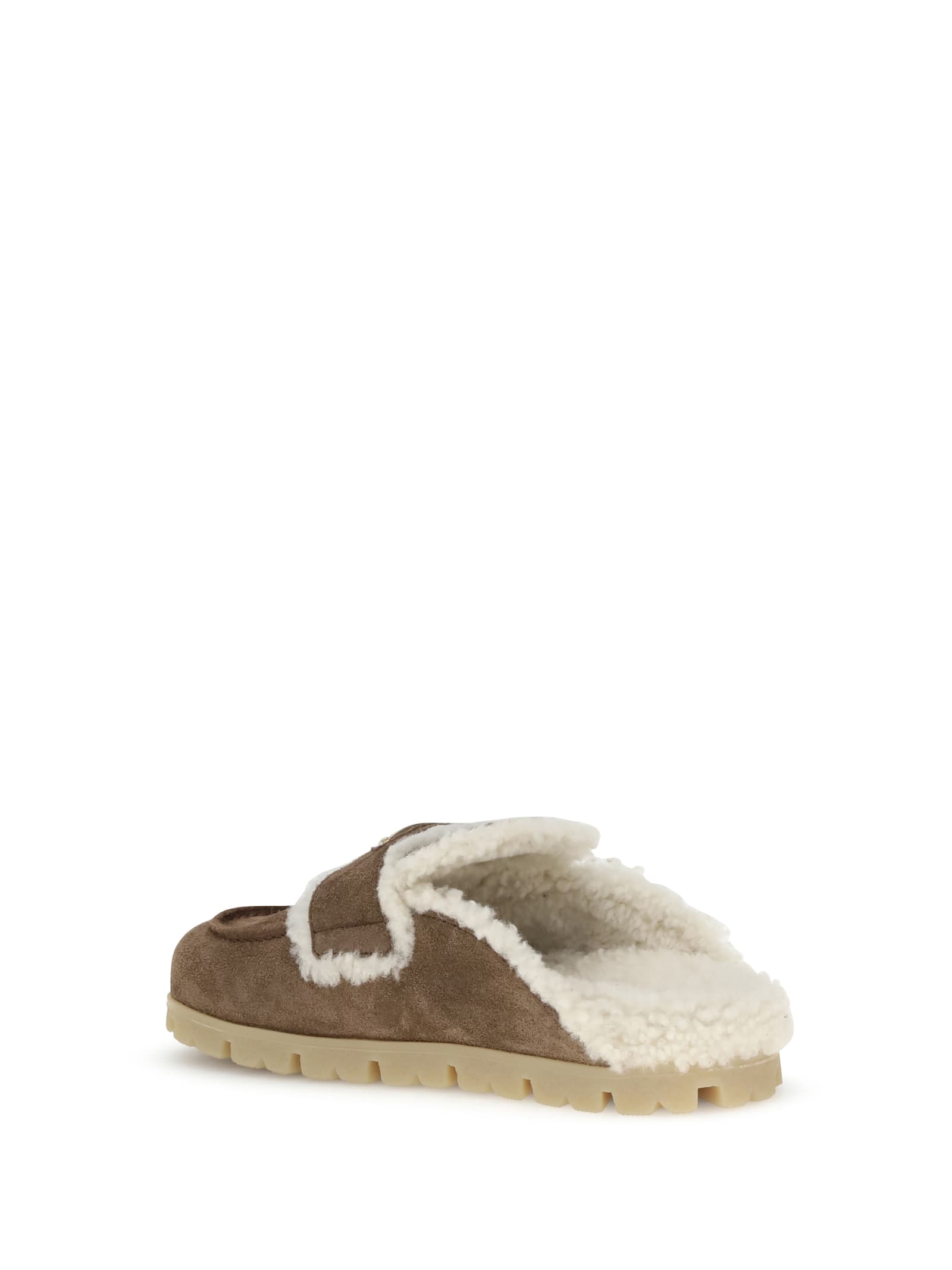 Prada Suede Shearling Cozy Loafer Mules In Brown