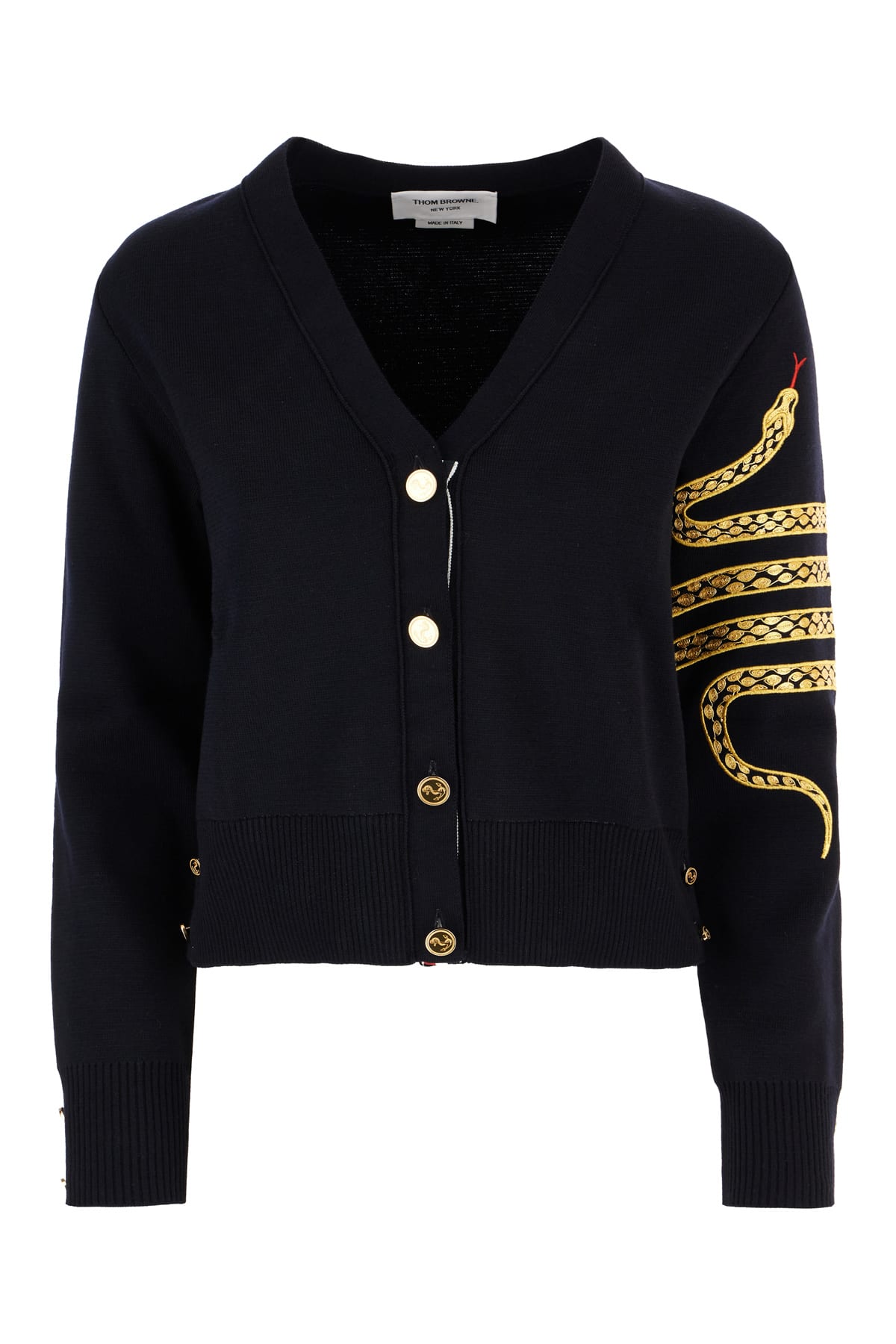 Thom Browne Snake Embroidered Wool Blend Cardigan In Black