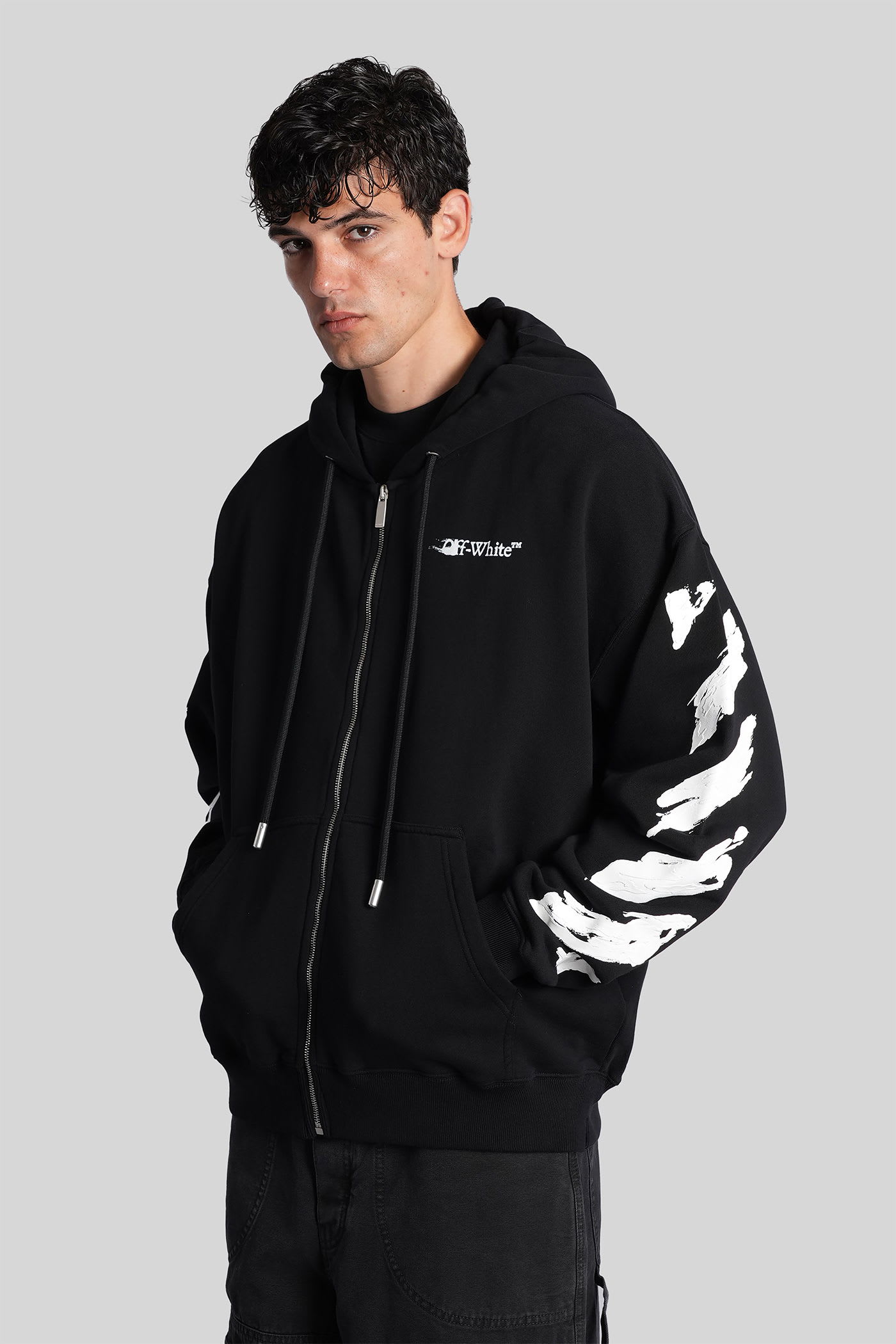 Off-white Brushstroke Arrow Print Zip-up Hoodie In Black
