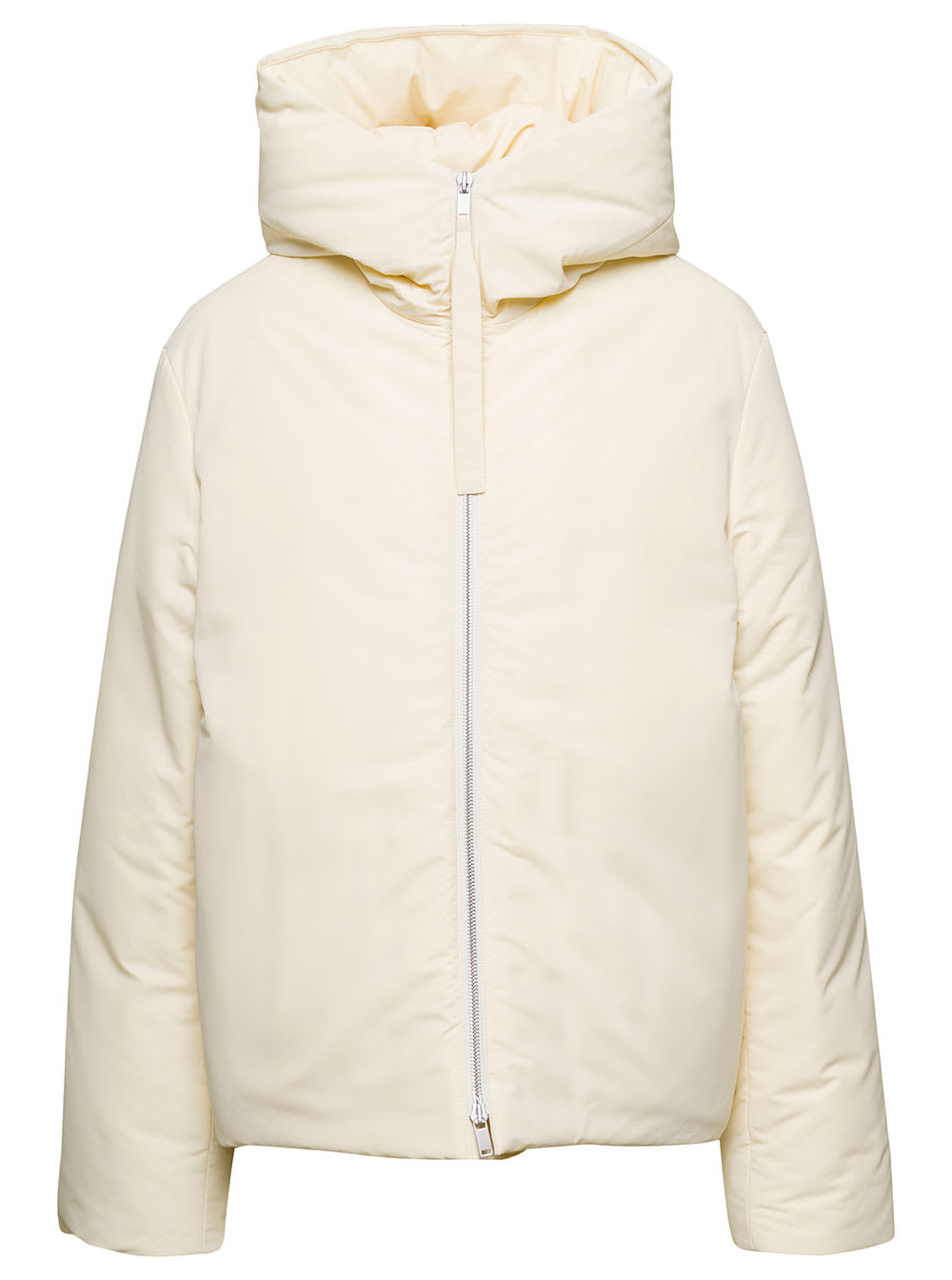 Cream Hooded Down Jacket With Zip In Nylon Woman