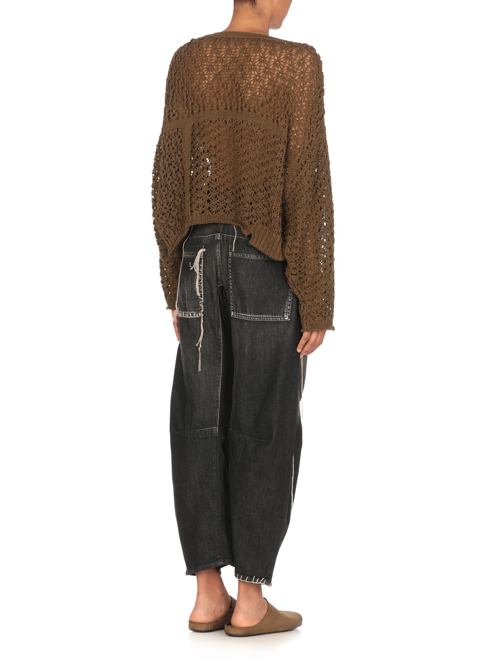 Y's Khaki Openwork Design Henry Wide Sleeve Sweater In Green