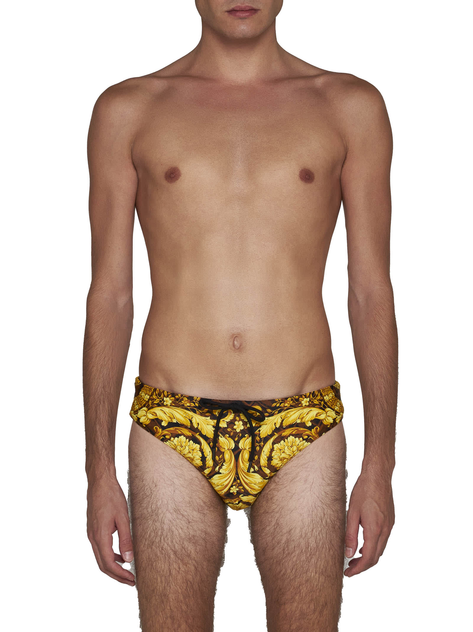 Shop Versace Swimming Trunks In Caramel+black+gold