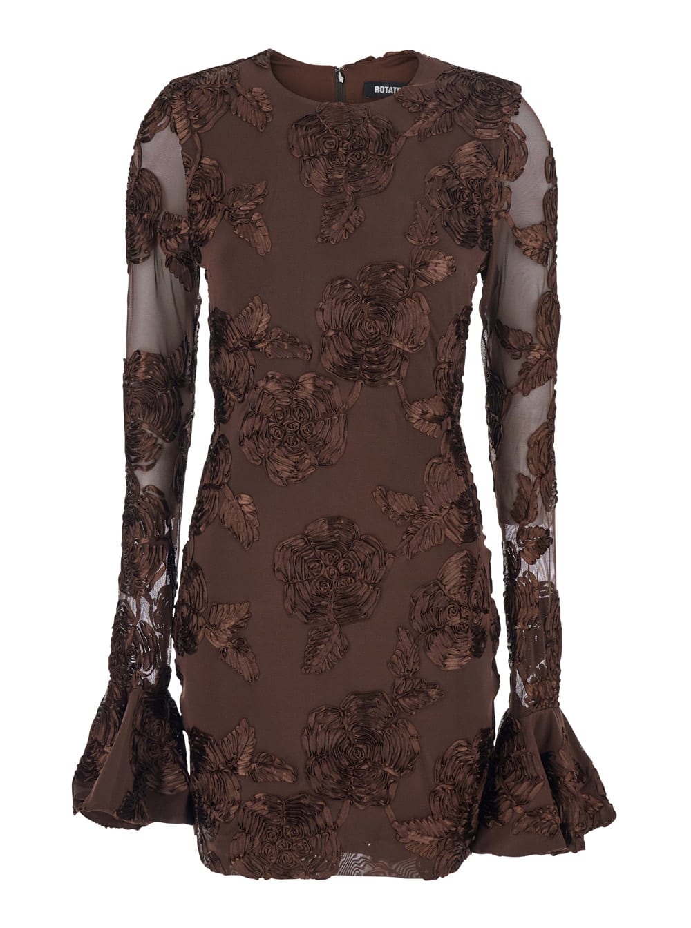 Rotate Birger Christensen Brown Crewneck Mini Dress With Flared Long Sleeves In Tech Fabric Stretch Woman In Brown
