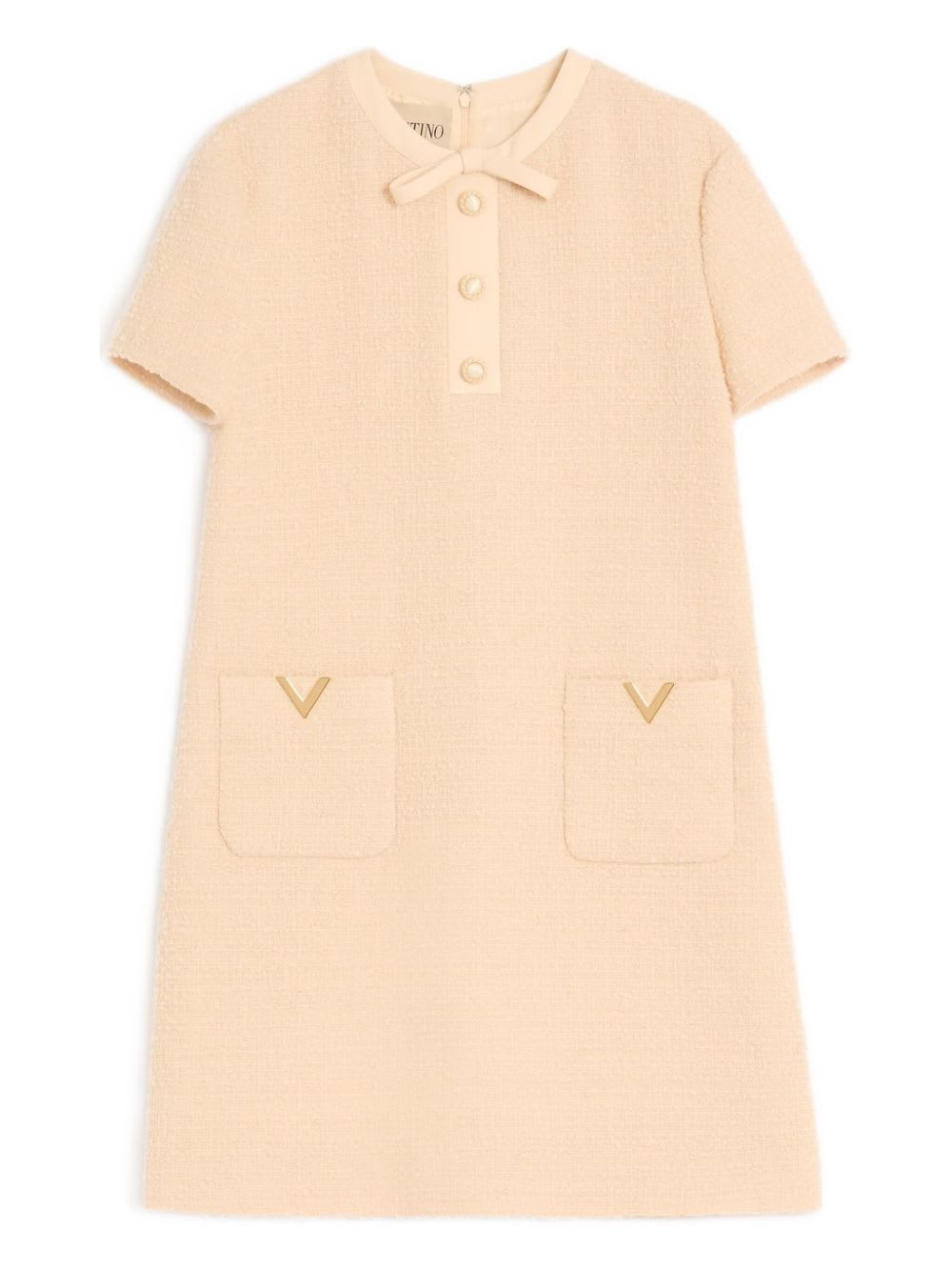 Valentino Wool Dress Short Sleeves Textured Fabric Bow In Neutral