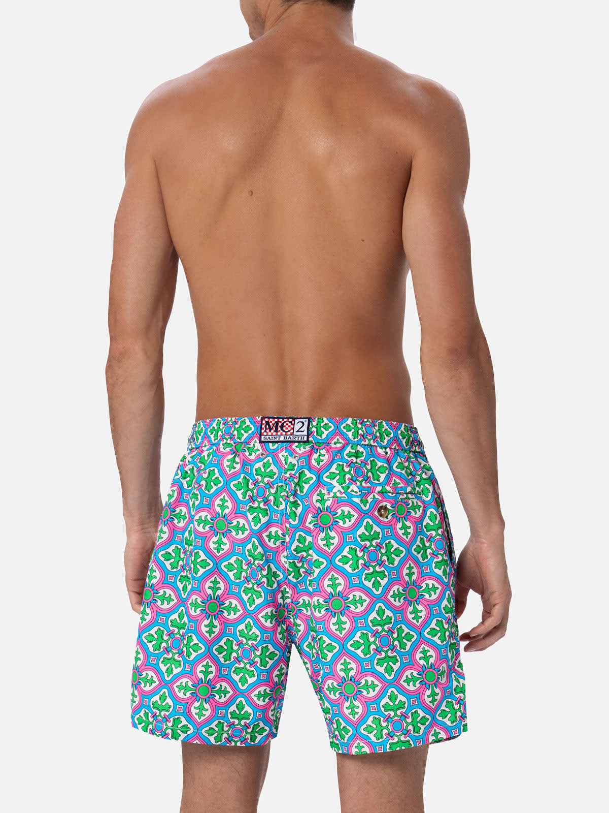 Mc2 Saint Barth Man Lightweight Fabric Swim-shorts Lighting 70 With Majolica Print In White