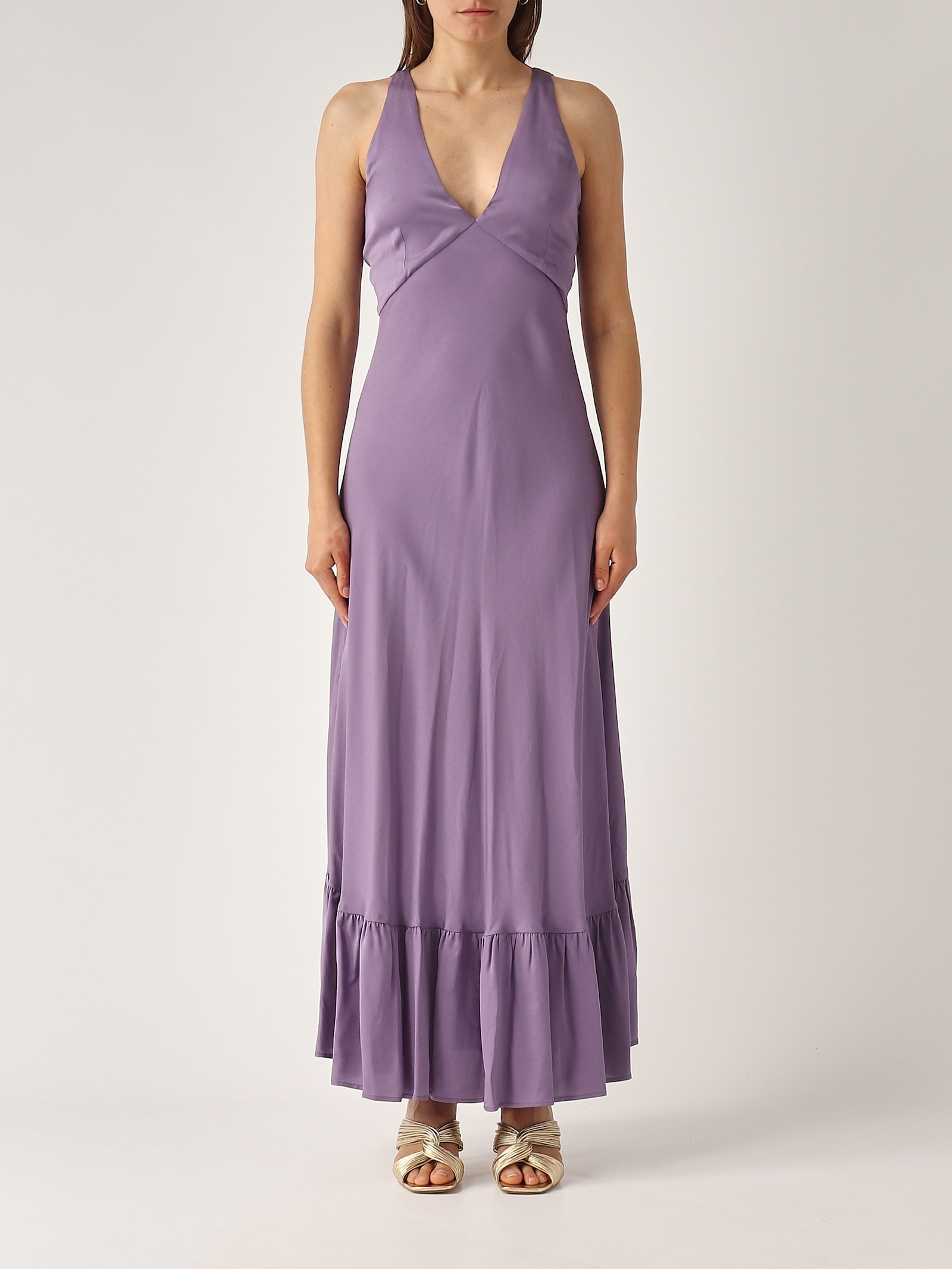 Twinset Twin-set Deep V-neck Maxi Dress With Flounced Hem In Lavanda