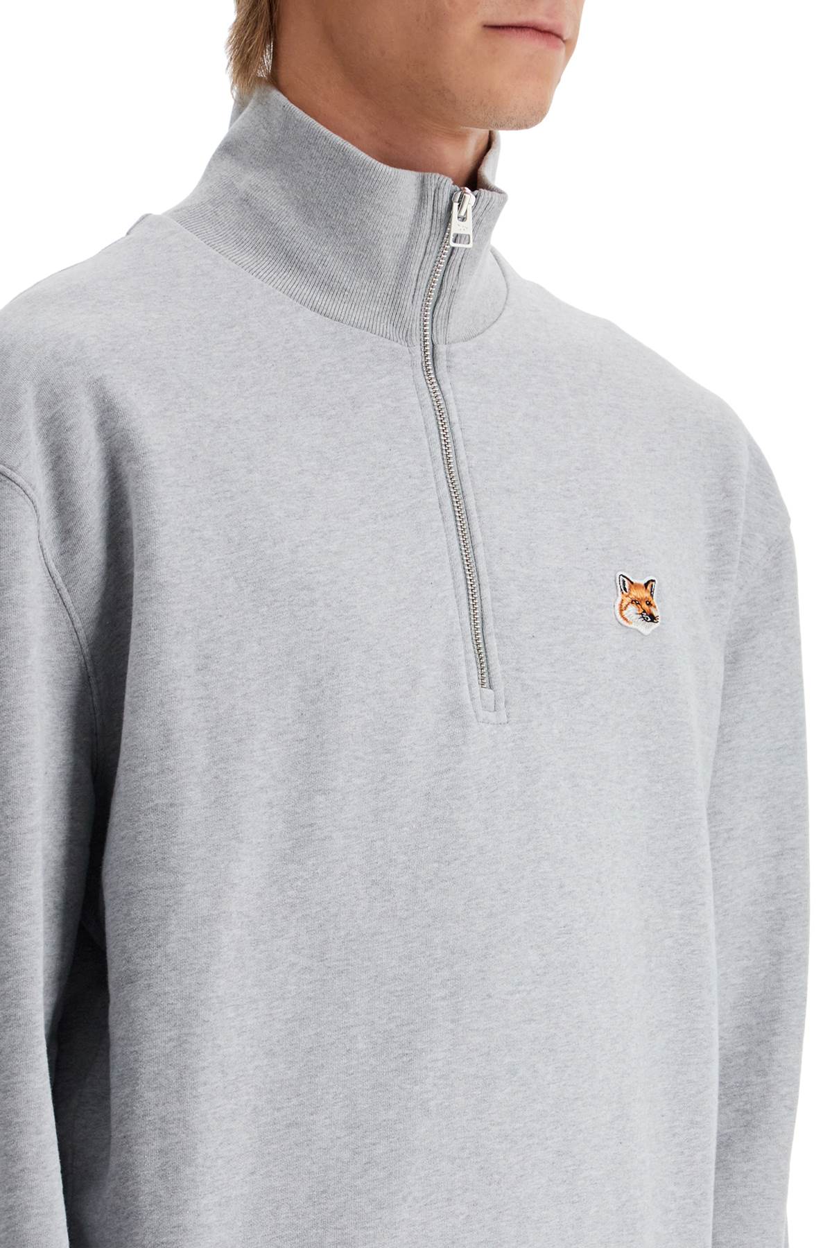 Shop Maison Kitsuné Half-zip Sweatshirt With Fox Head In Light Grey Melange (grey)