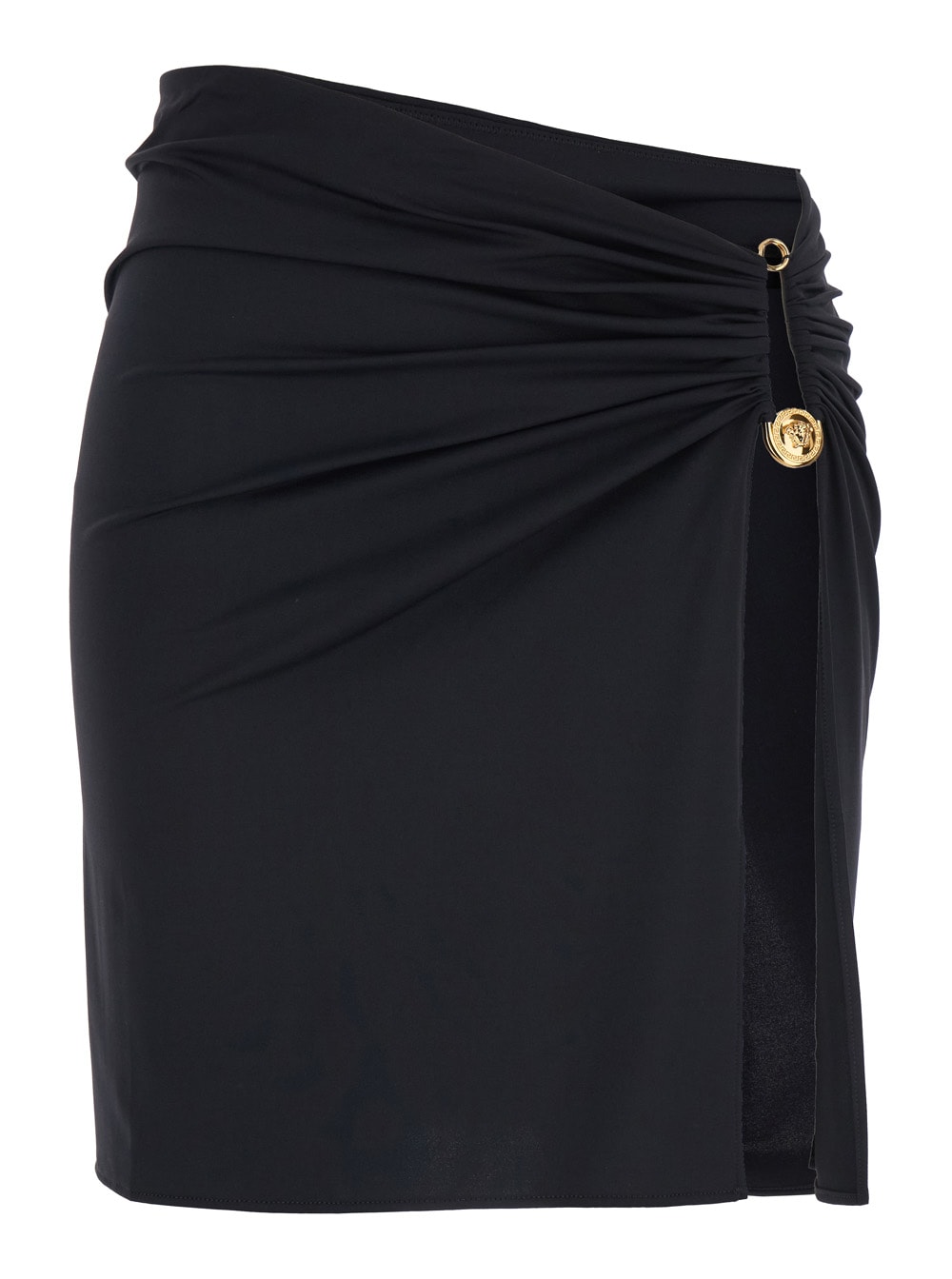 Versace Black Skirt With Pin Detail With Logo And Side Slit In Tech Fabric Stretch Woman In Black