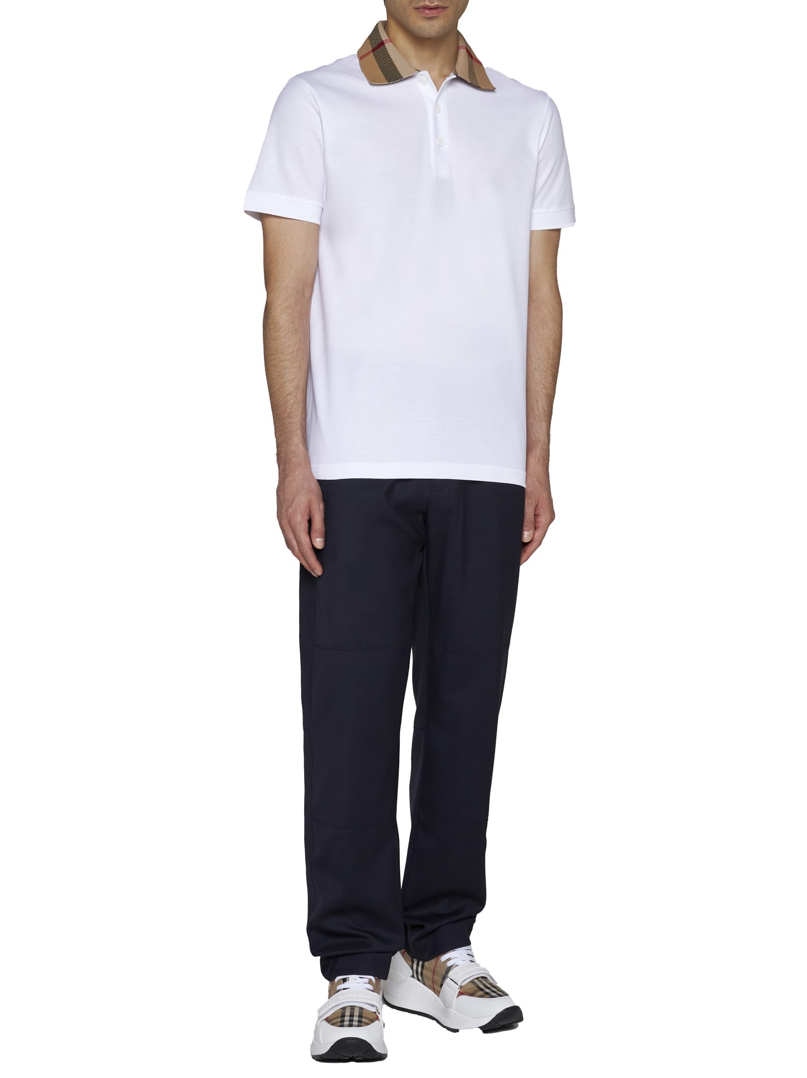 Shop Burberry Check Collar Cotton Polo In White