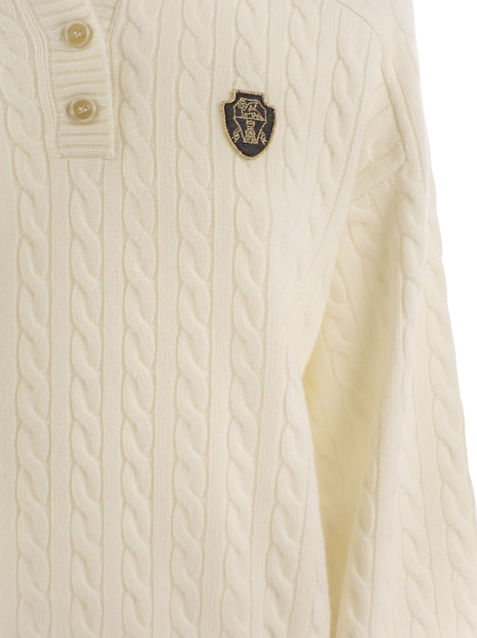 Shop Brunello Cucinelli Plaited Cashmere Polo-style Sweater In Cream