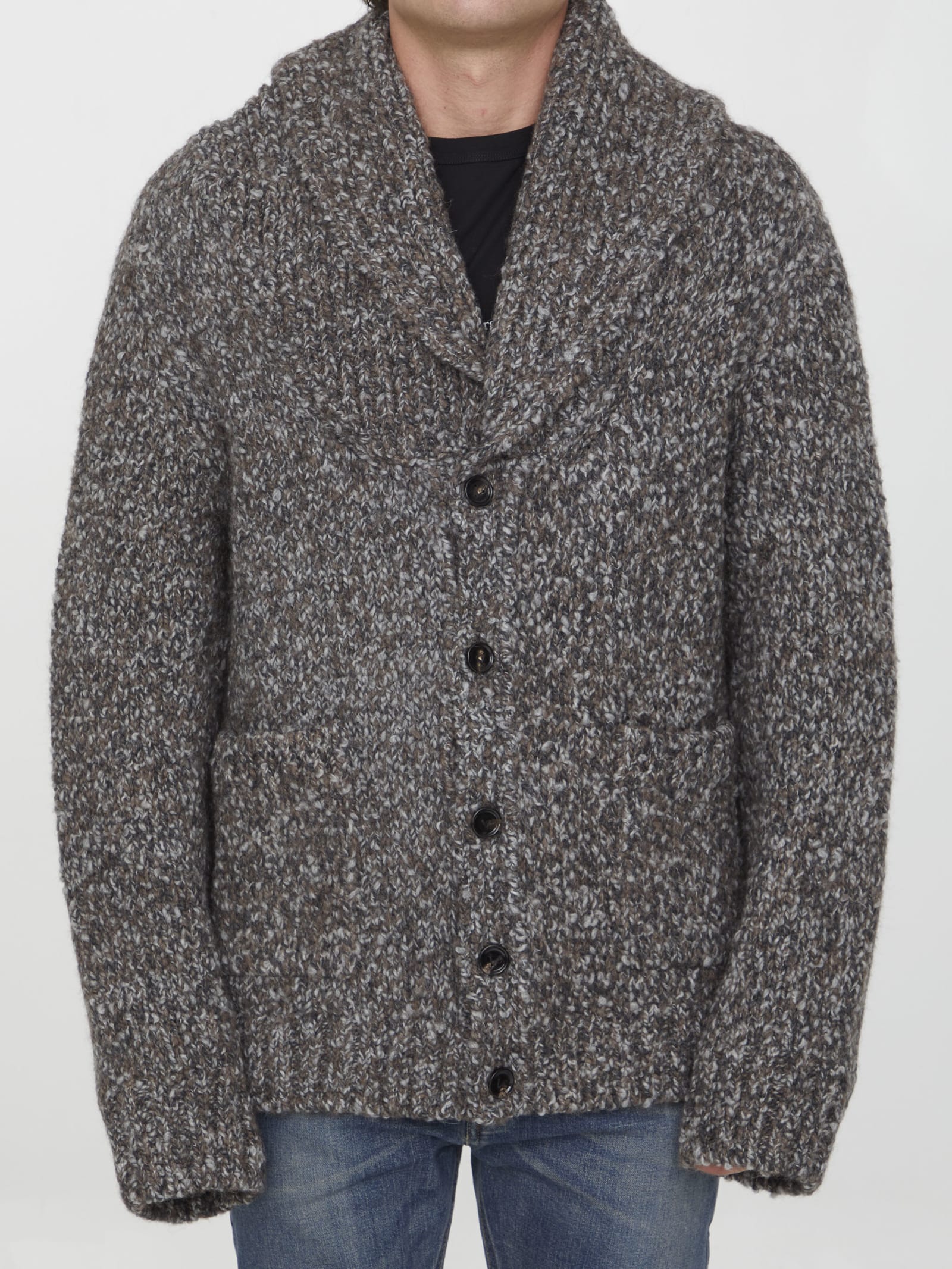Bottega Veneta Mens Riverbed Dark Grey Chunky-knit Relaxed-fit Alpaca Wool-blend Cardigan In Grey