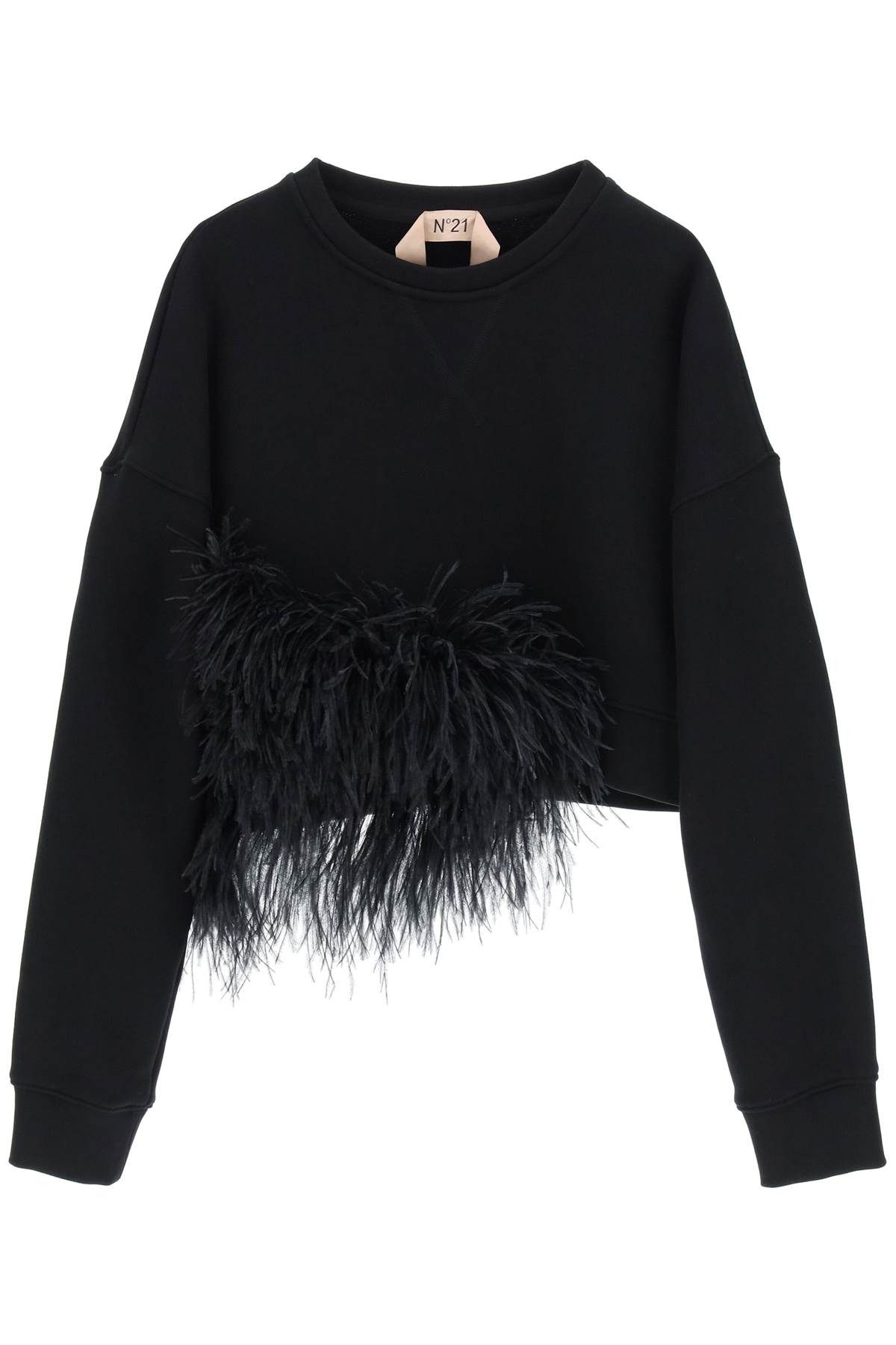 Shop N°21 Cropped Sweatshirt With Feathers In Nero (black)