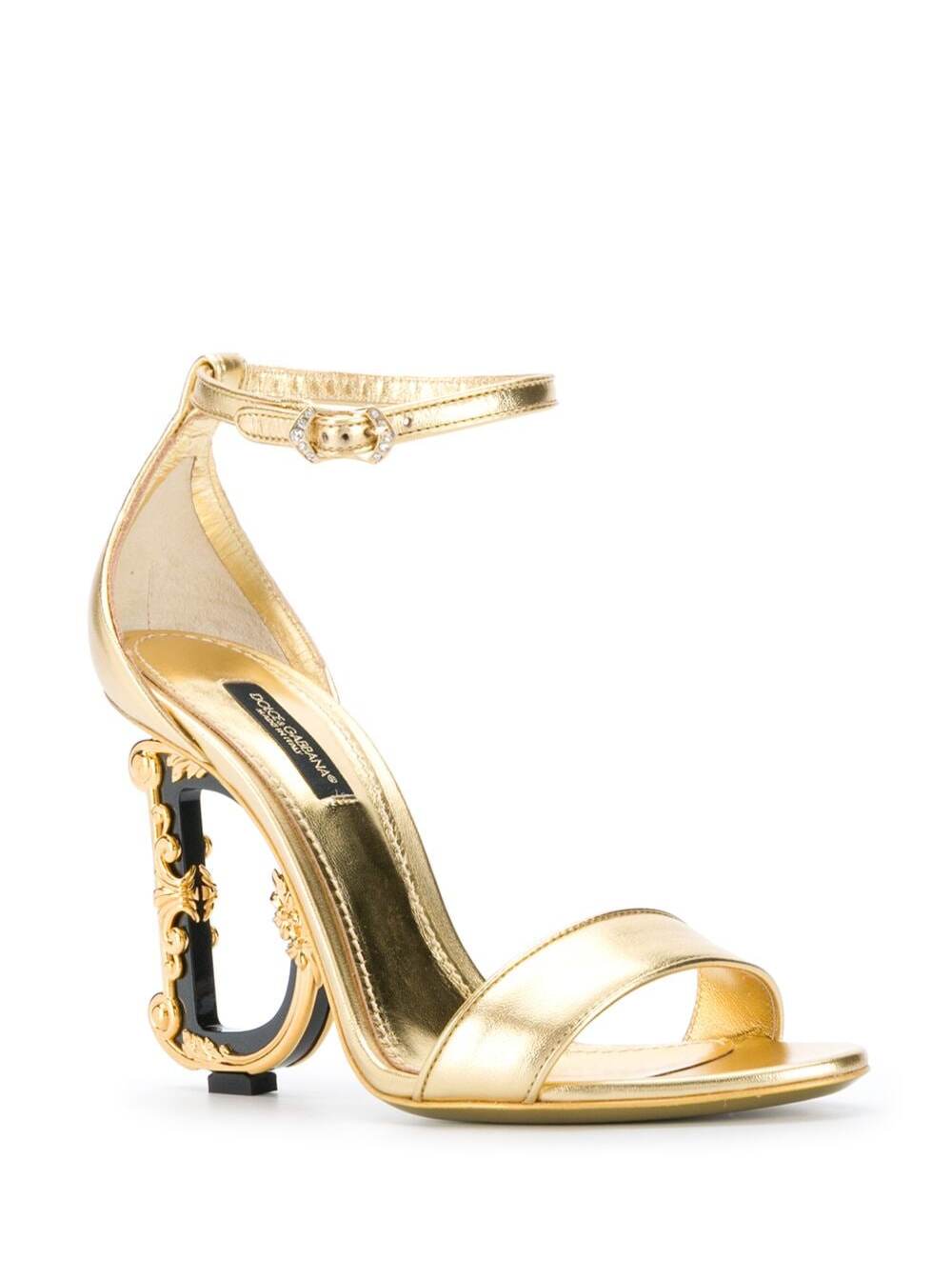 Shop Dolce & Gabbana Baroque Gold Colored Sandals With Logo Heel In Leather Woman In Metallic