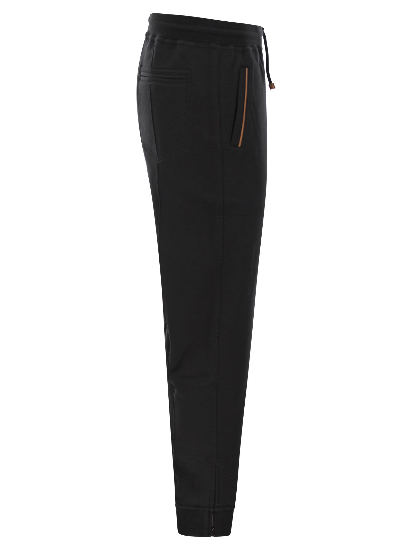 Brunello Cucinelli Techno Cotton Fleece Trousers With Zip On Stretch Bottom, Crete And Piping In Black
