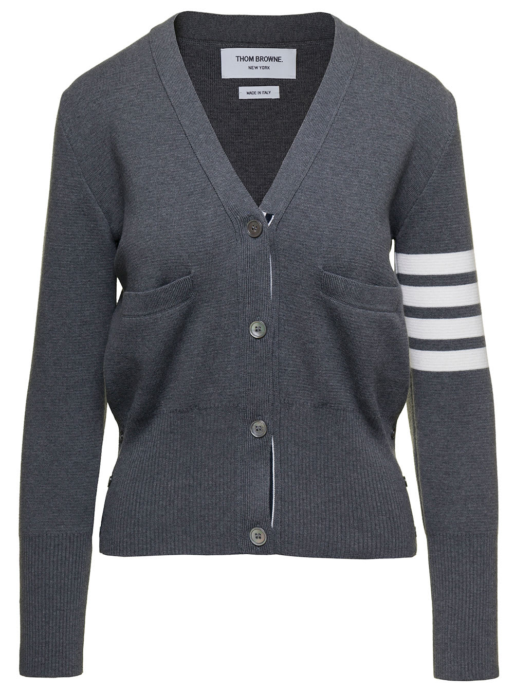 Thom Browne Milano Cardigan With Signature 4-bar Motif In Grey Cotton Woman In Gray