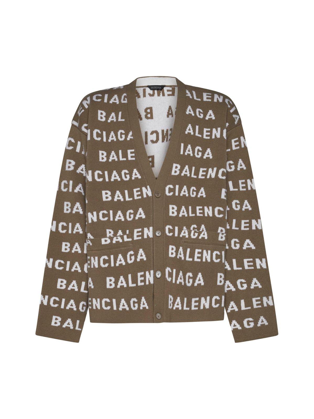 Shop Balenciaga Logo Intarsia-knit Cardigan In Beige
