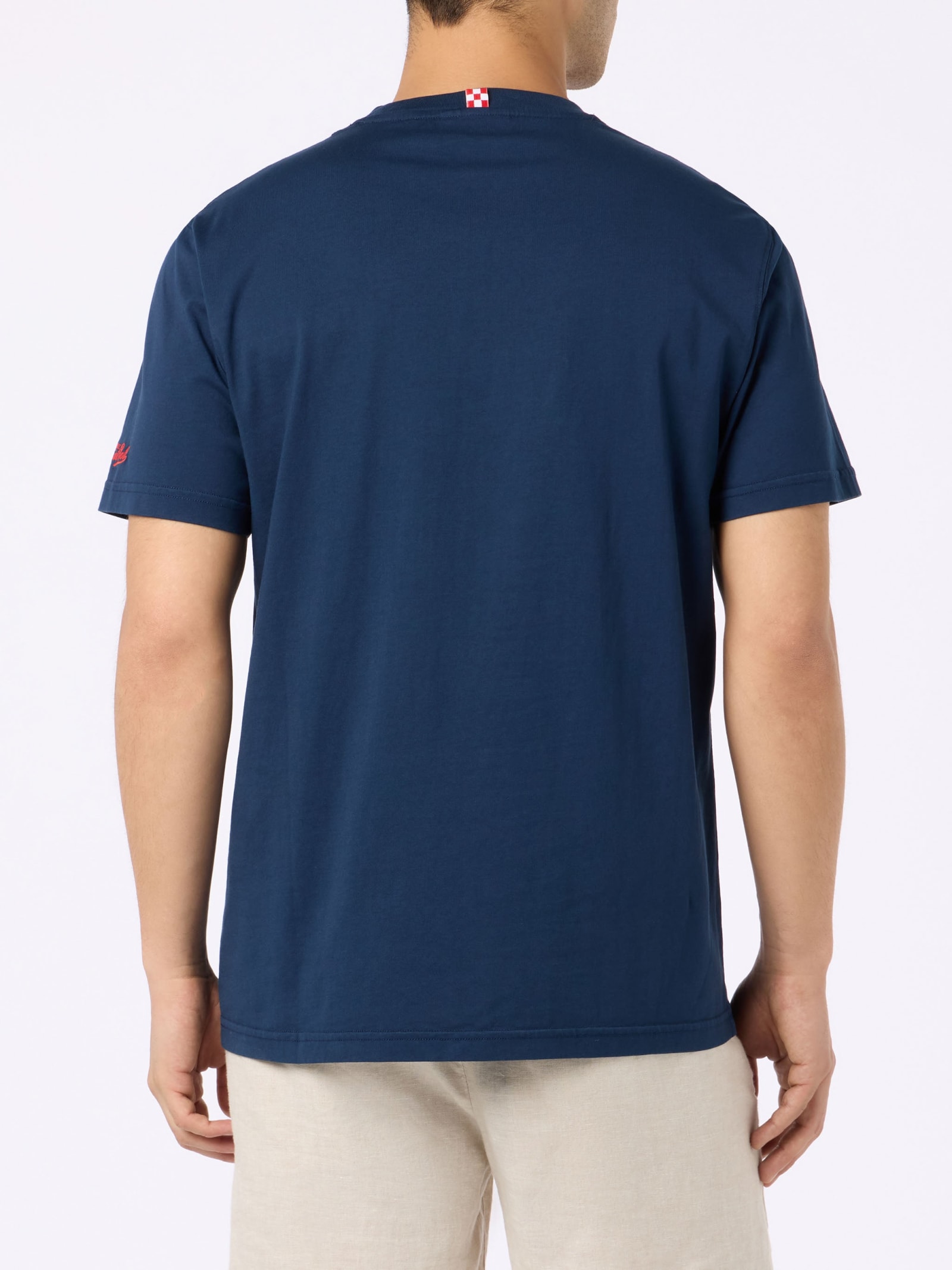 Mc2 Saint Barth Man Cotton T-shirt With Spritz Obsessed Embroidery In Blue
