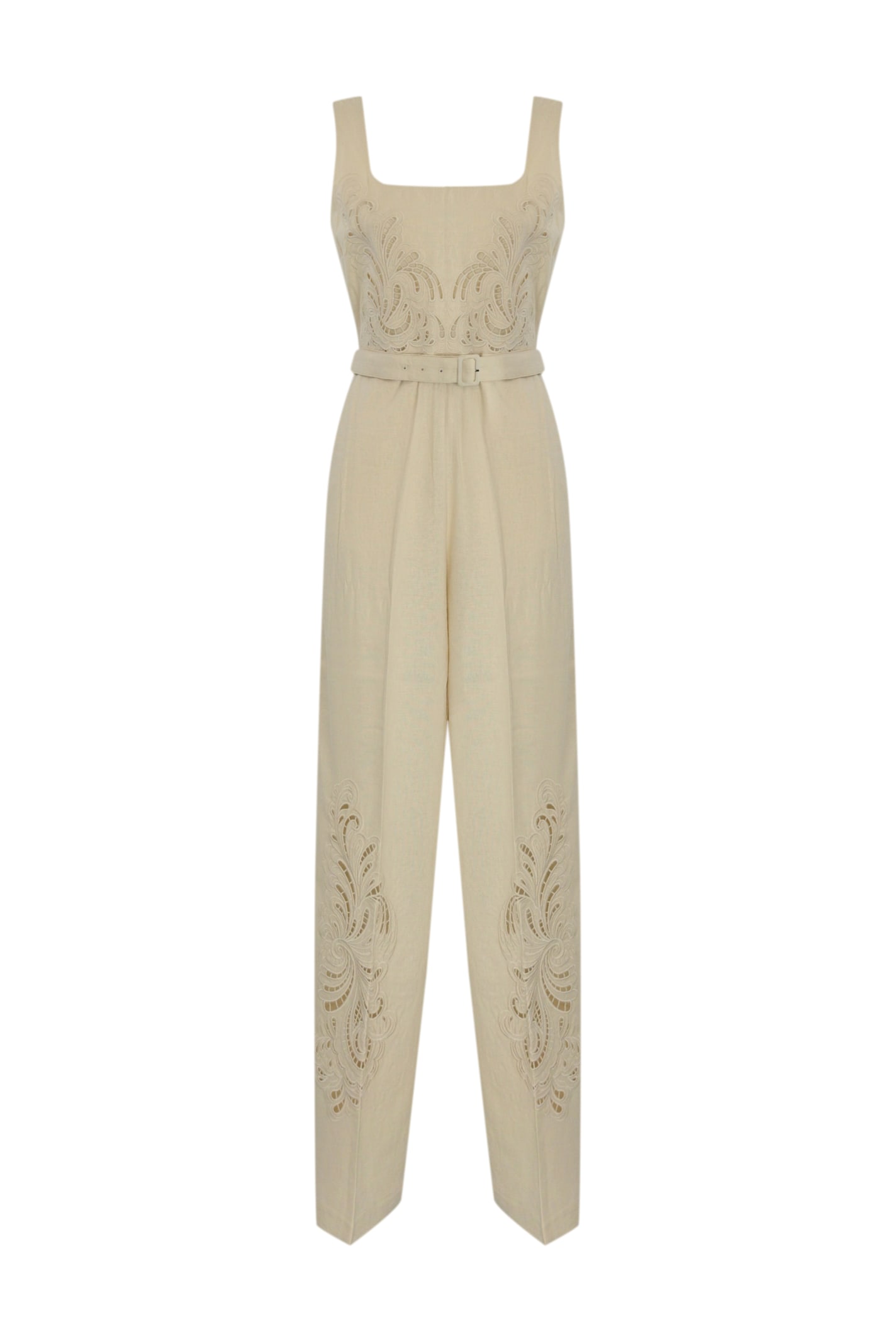 Linen Blend Jumpsuit With Embroidery And Belt