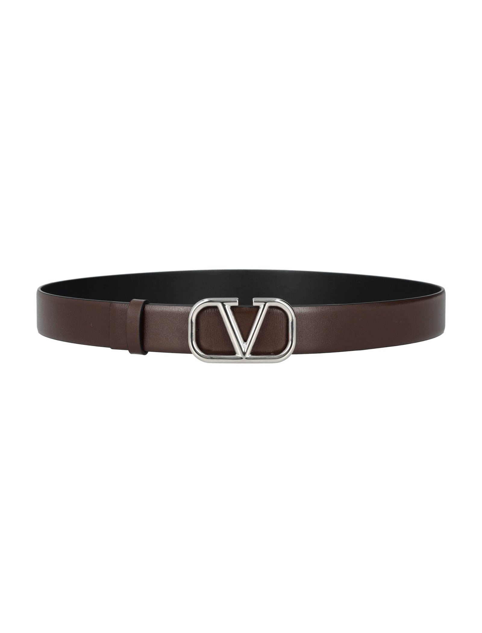 Valentino Leather Vlogo Signature Belt With Metallic Accents In Fondente