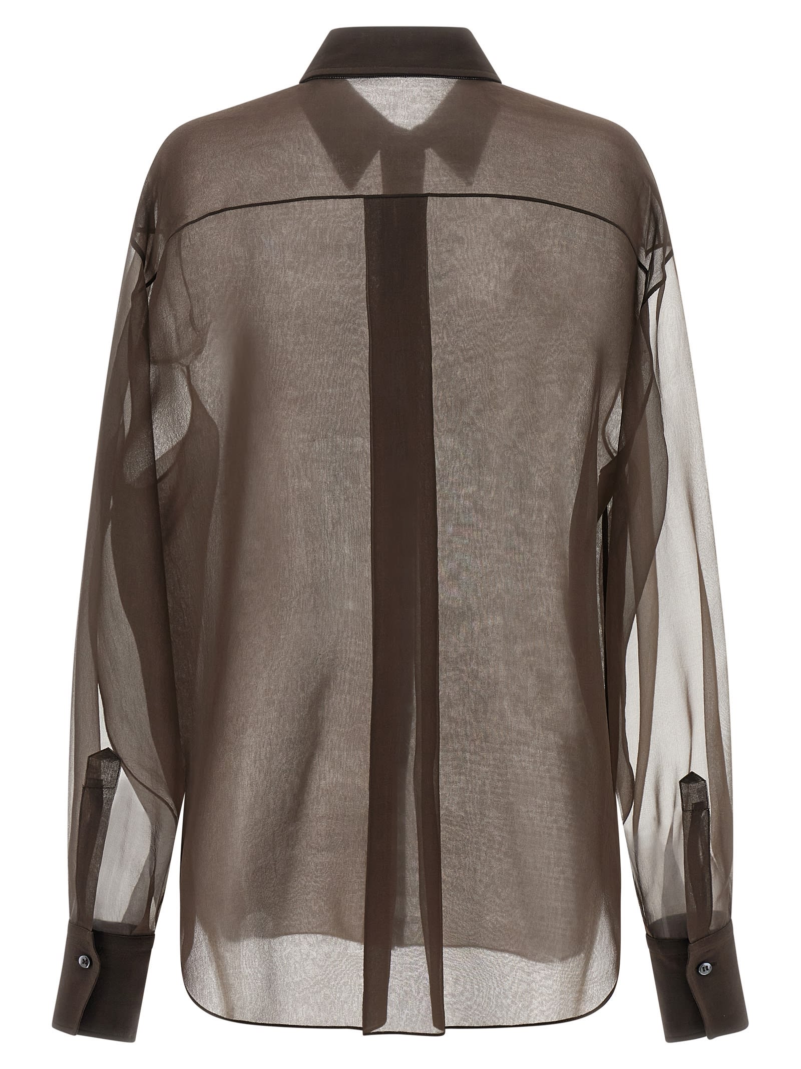 Brunello Cucinelli Sheer Long Sleeve Buttoned Cuff Shirt In Brown