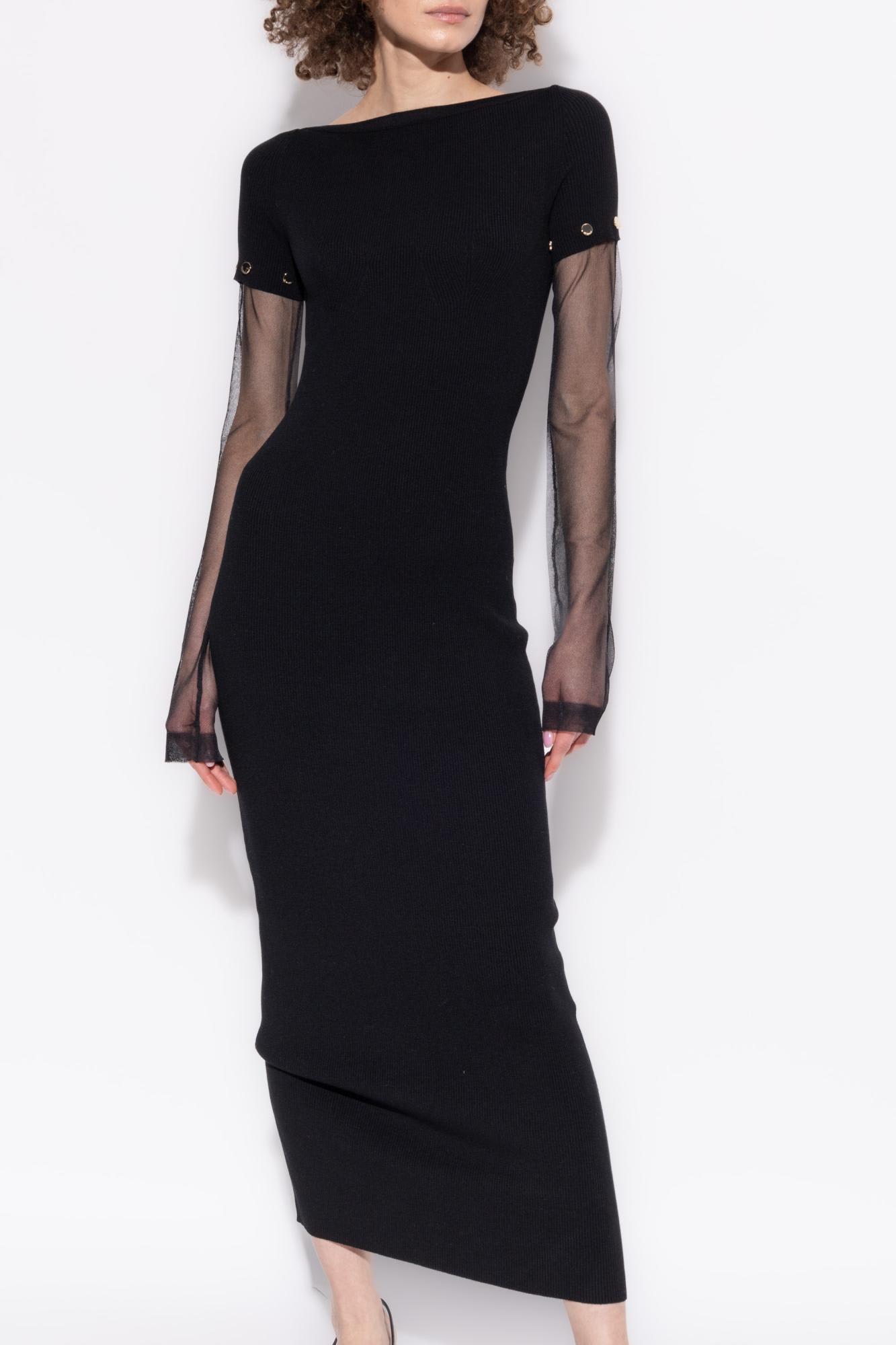 Sportmax Sleeve Button Detail Off-shoulder Ribbed Sheer Dress In Black