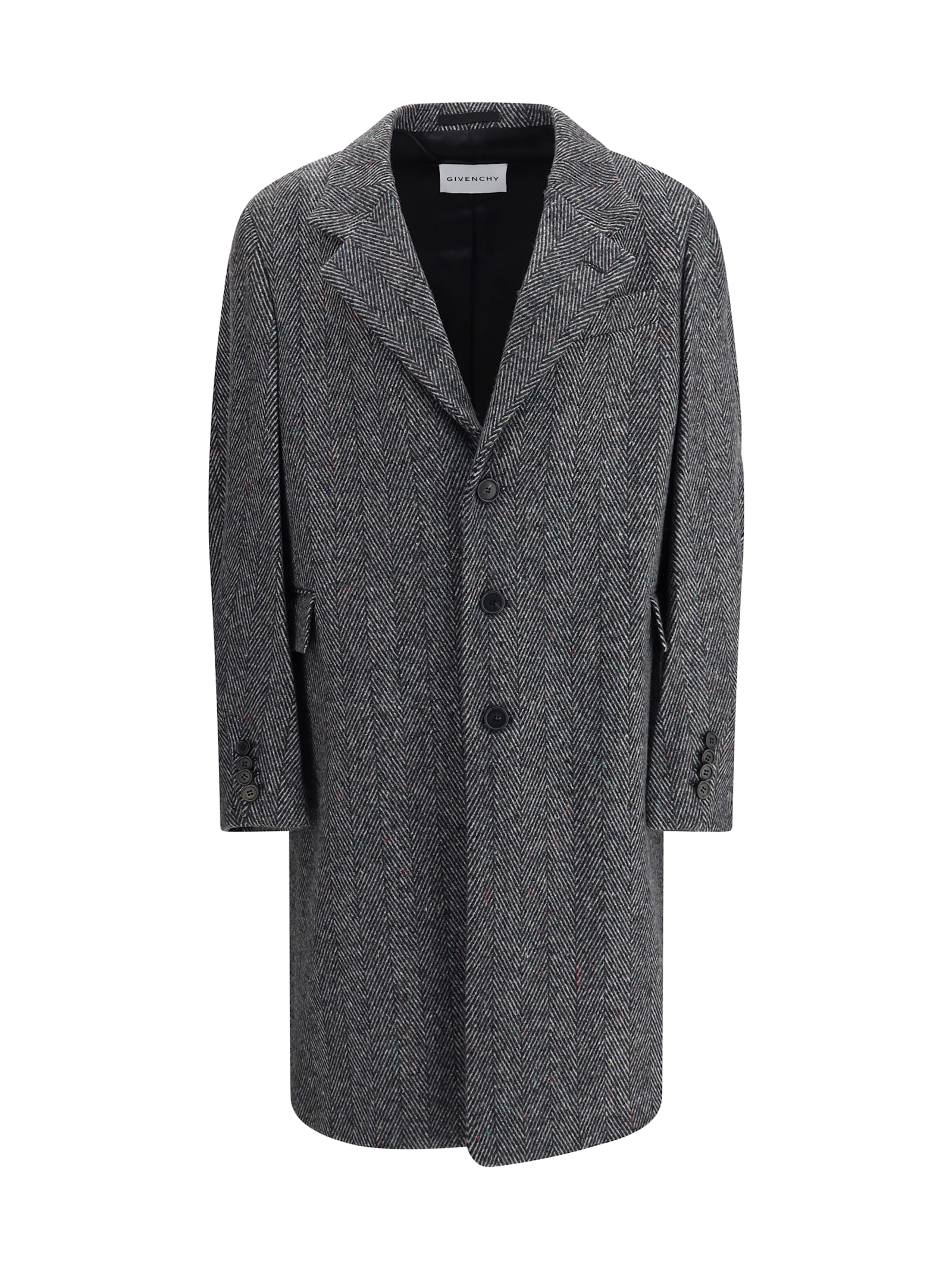 Givenchy Herringbone-pattern Notched-lapel Coat In Black