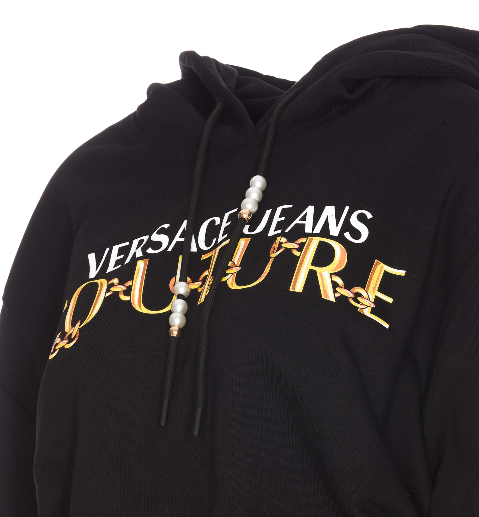Shop Versace Jeans Couture Logo Chain Print Cropped Hoodie In Black/gold