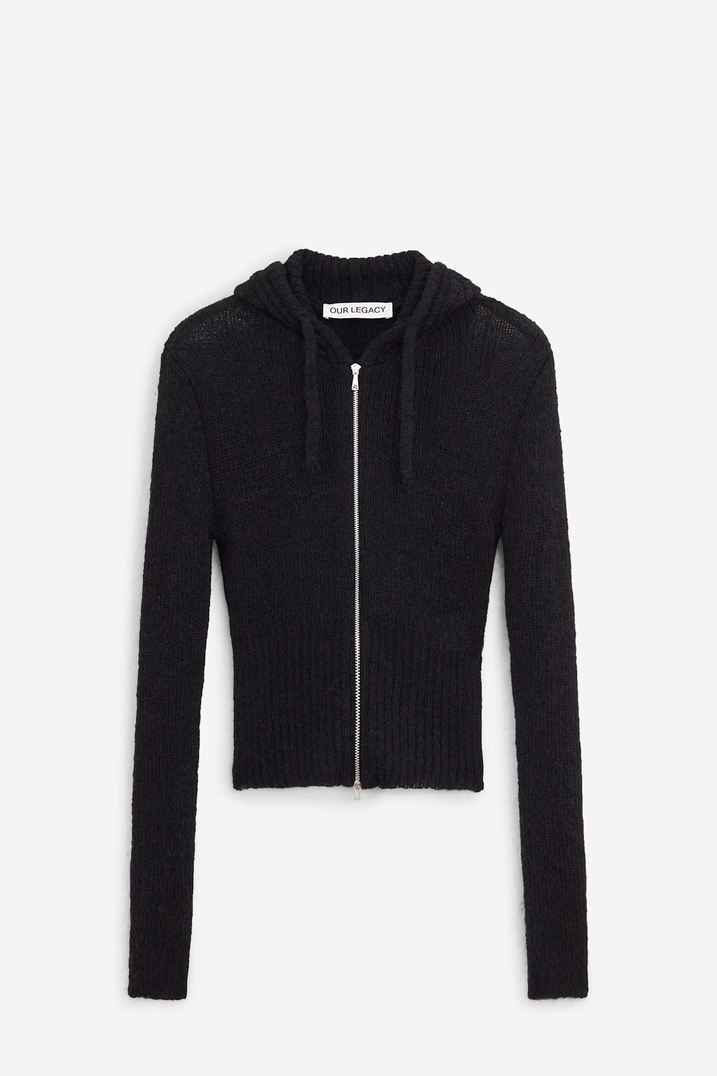 Our Legacy Hooded Zip-up Knit Sweater With Ribbed Details In Black