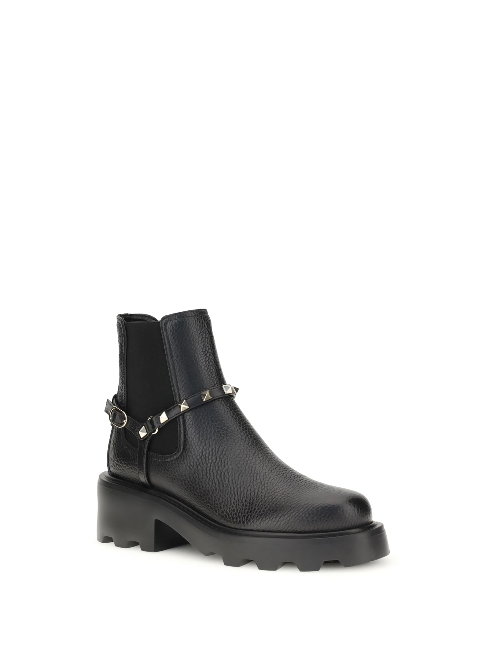 Valentino Rockstud Grainy Leather Boot In Black