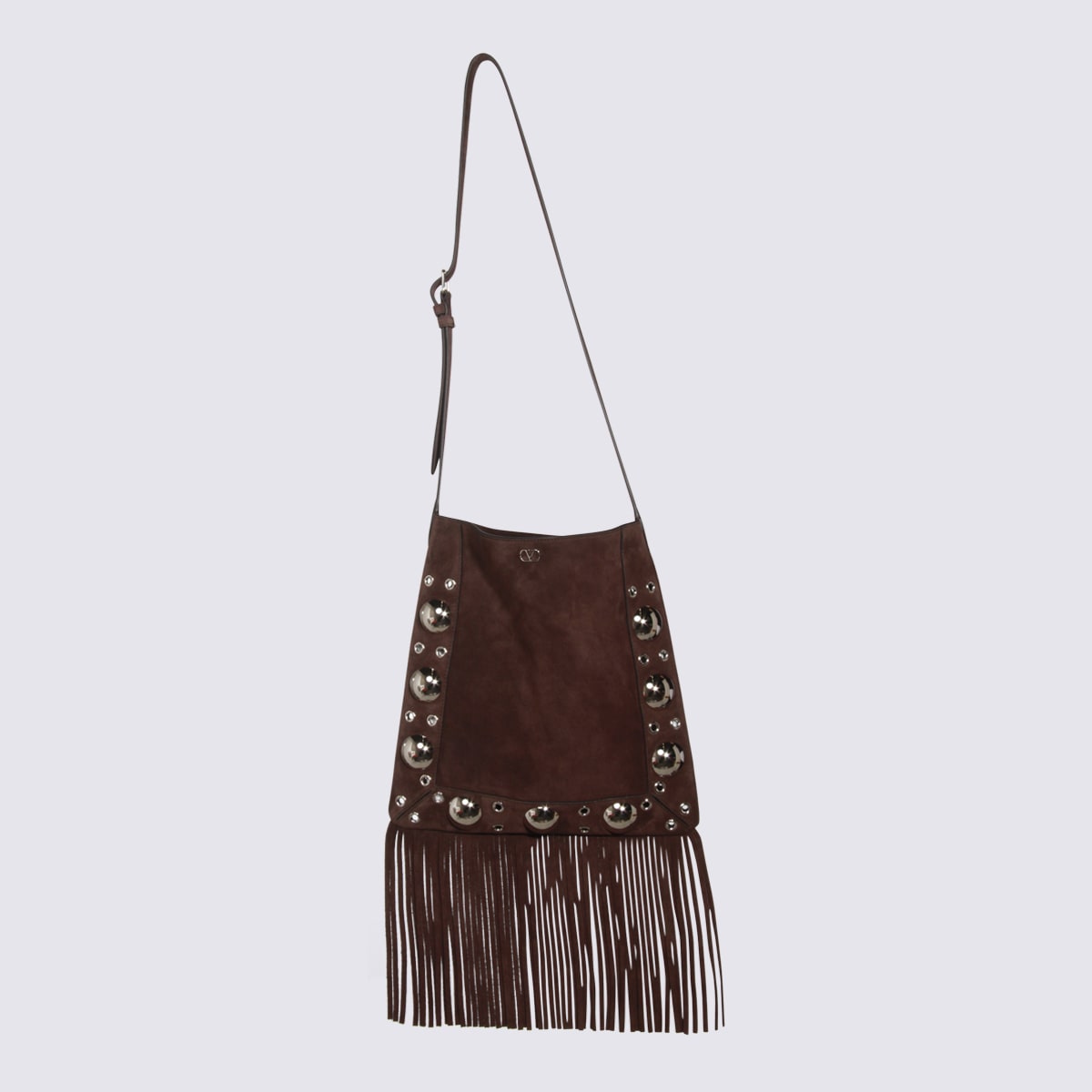 Valentino Fringed Suede Shoulder Bag With Adjustable Strap In Brown