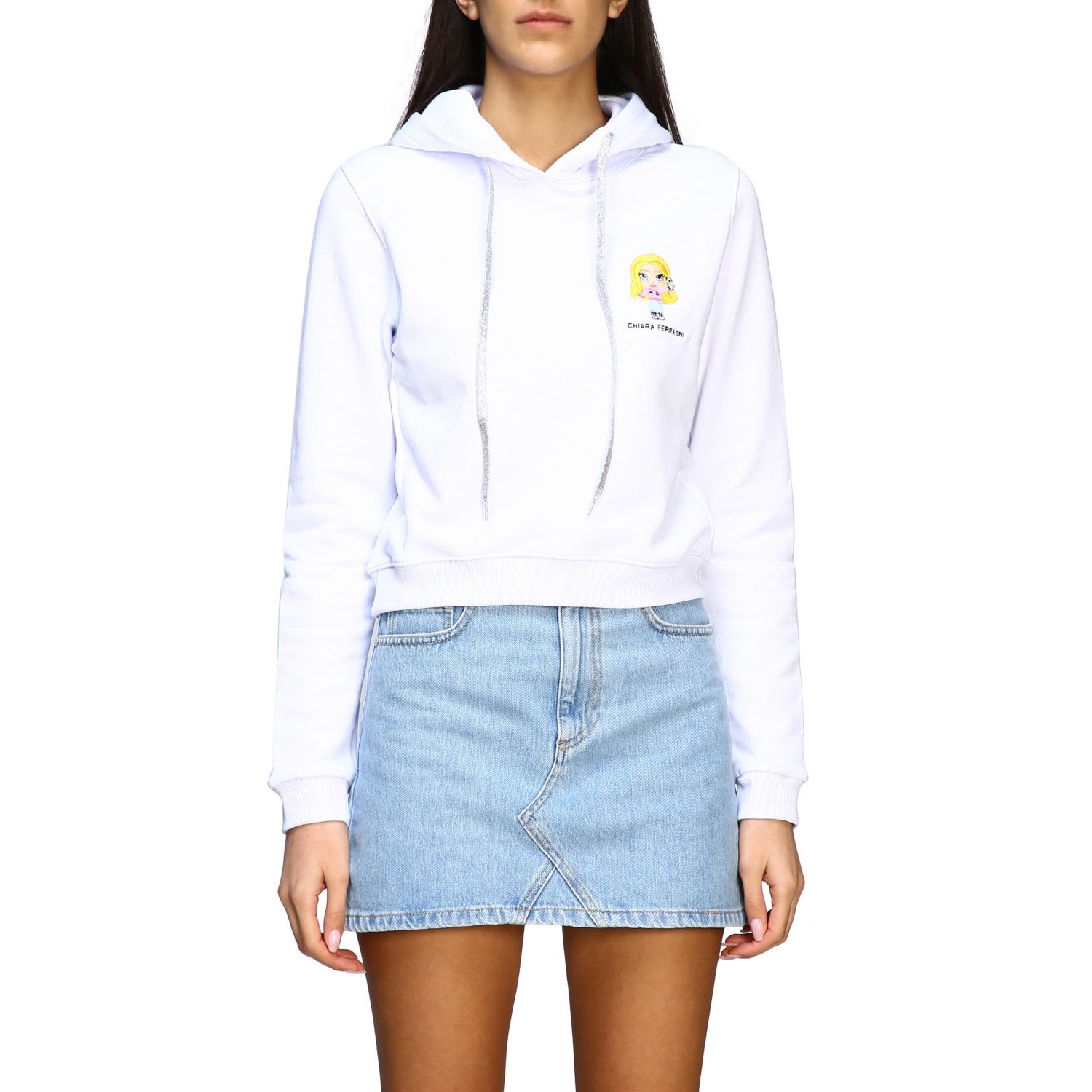Chiara Ferragni Cropped Sweatshirt With Hood And Mascot Embroidery In White