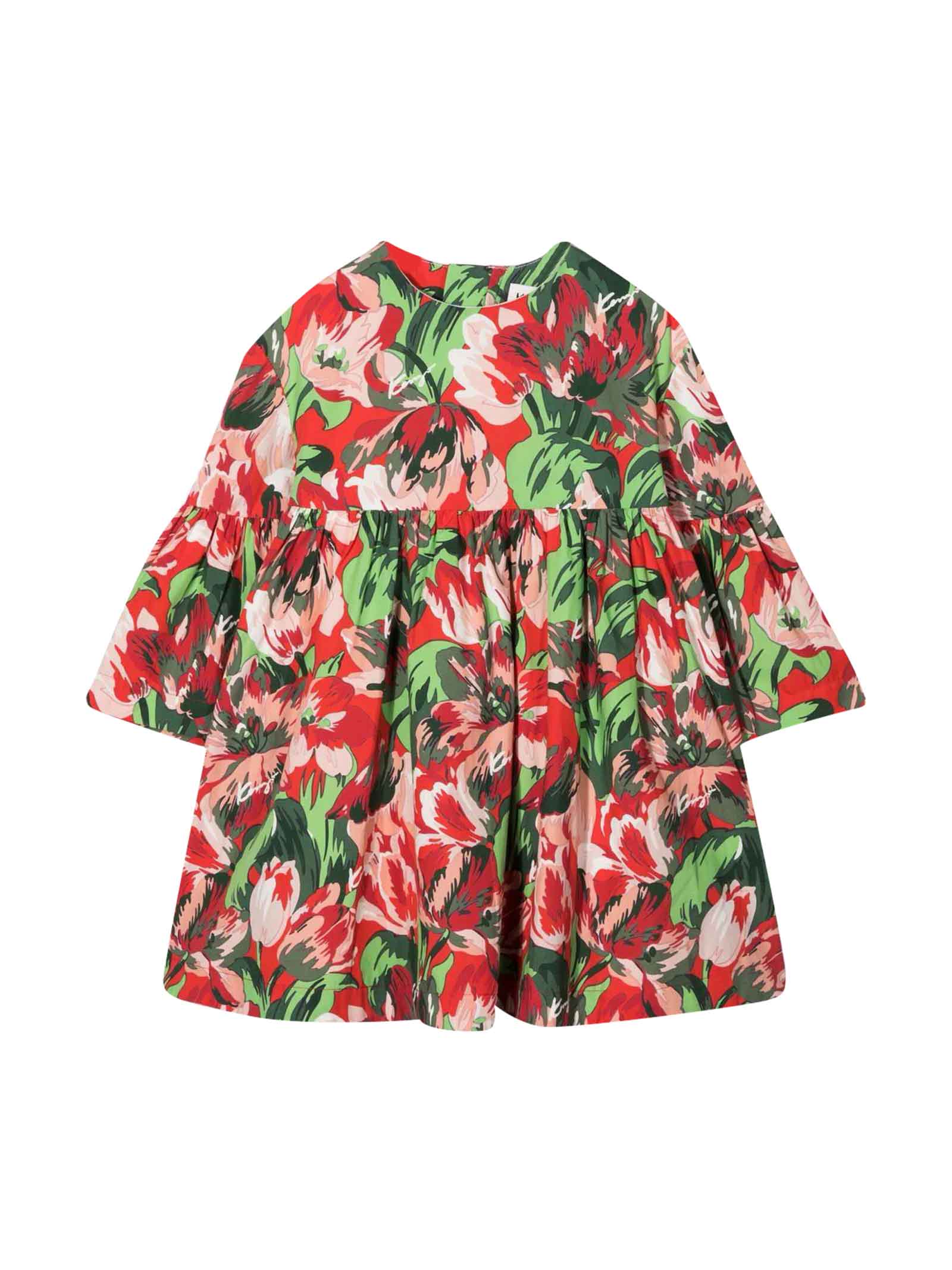 Kenzo Kids Red / Green / Black Midi Dress Girl With All-over Floral Print Of Medium Length, Round Neckline, Bell Sleeves, Pleated Skirt, Zip Closure On The Back