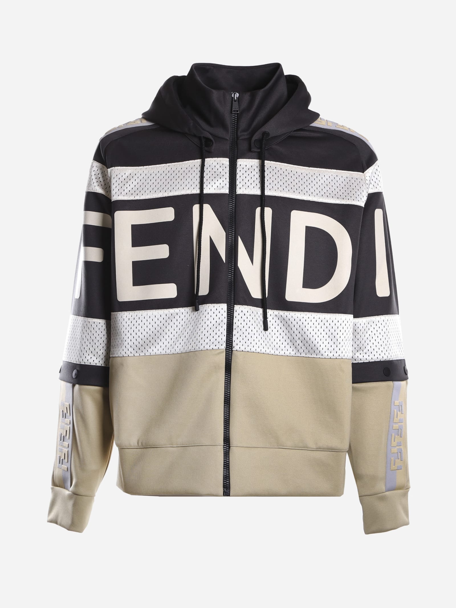 Fendi Cotton Blend Sweatshirt With Mesh Inserts In Black, Beige