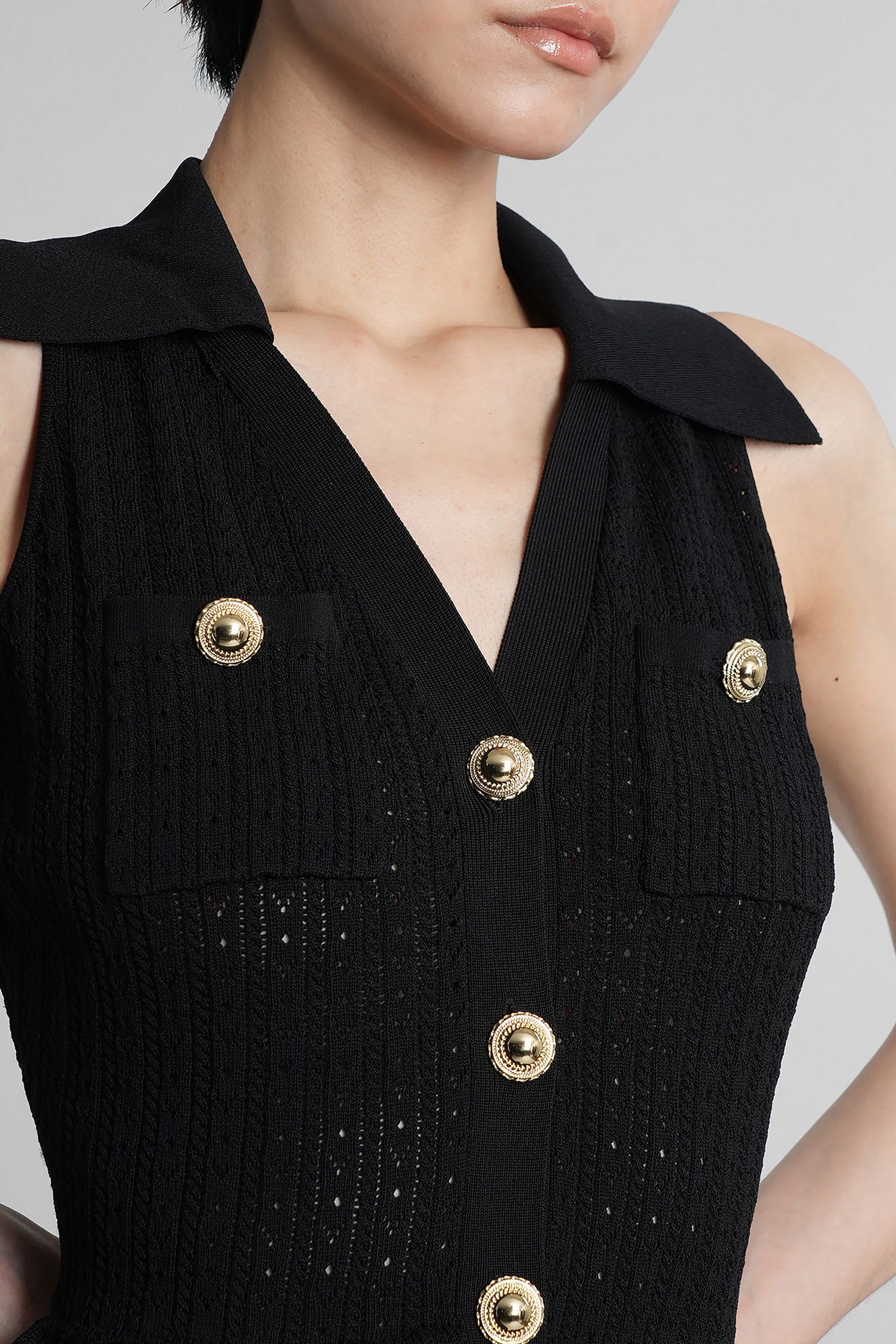 Self-portrait Self Portrait Short Dress In Openwork Knit With Jewel Buttons In Black