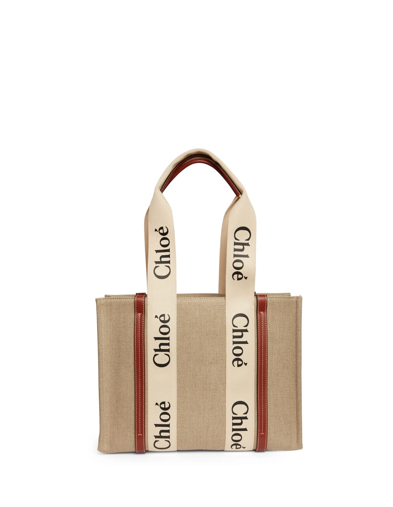 Chloé White And Brown Medium Woody Shopping Bag With Shoulder Strap