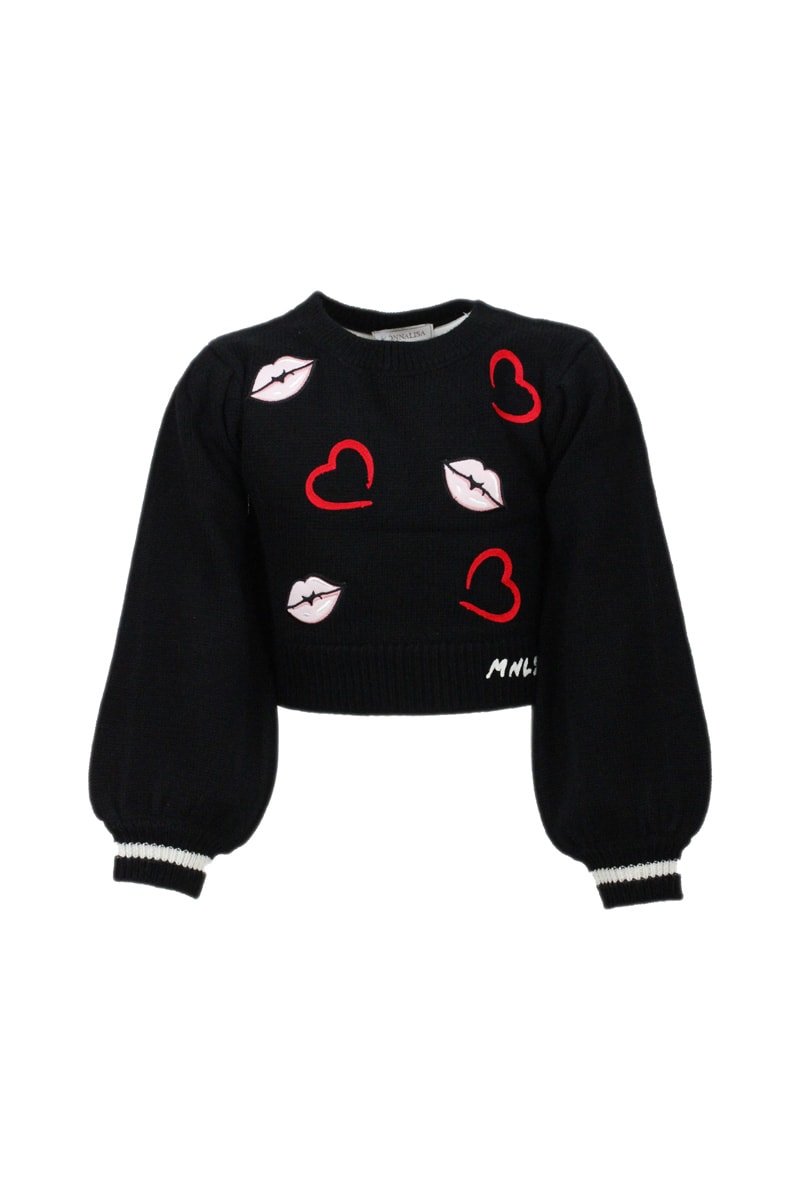 Monnalisa Long-sleeved Crewneck Sweater In Wool Blend With Heart And Mouth Appliqués