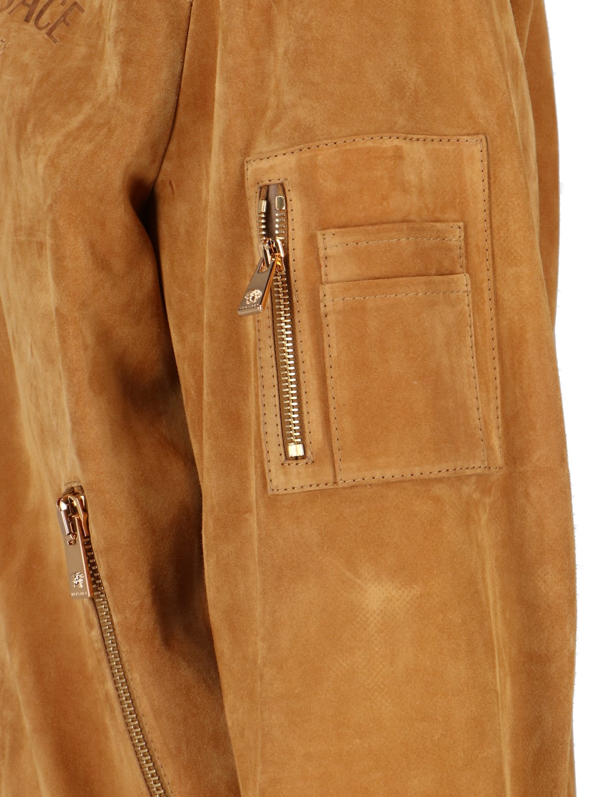 Shop Versace Suede Bomber Jacket In Brown