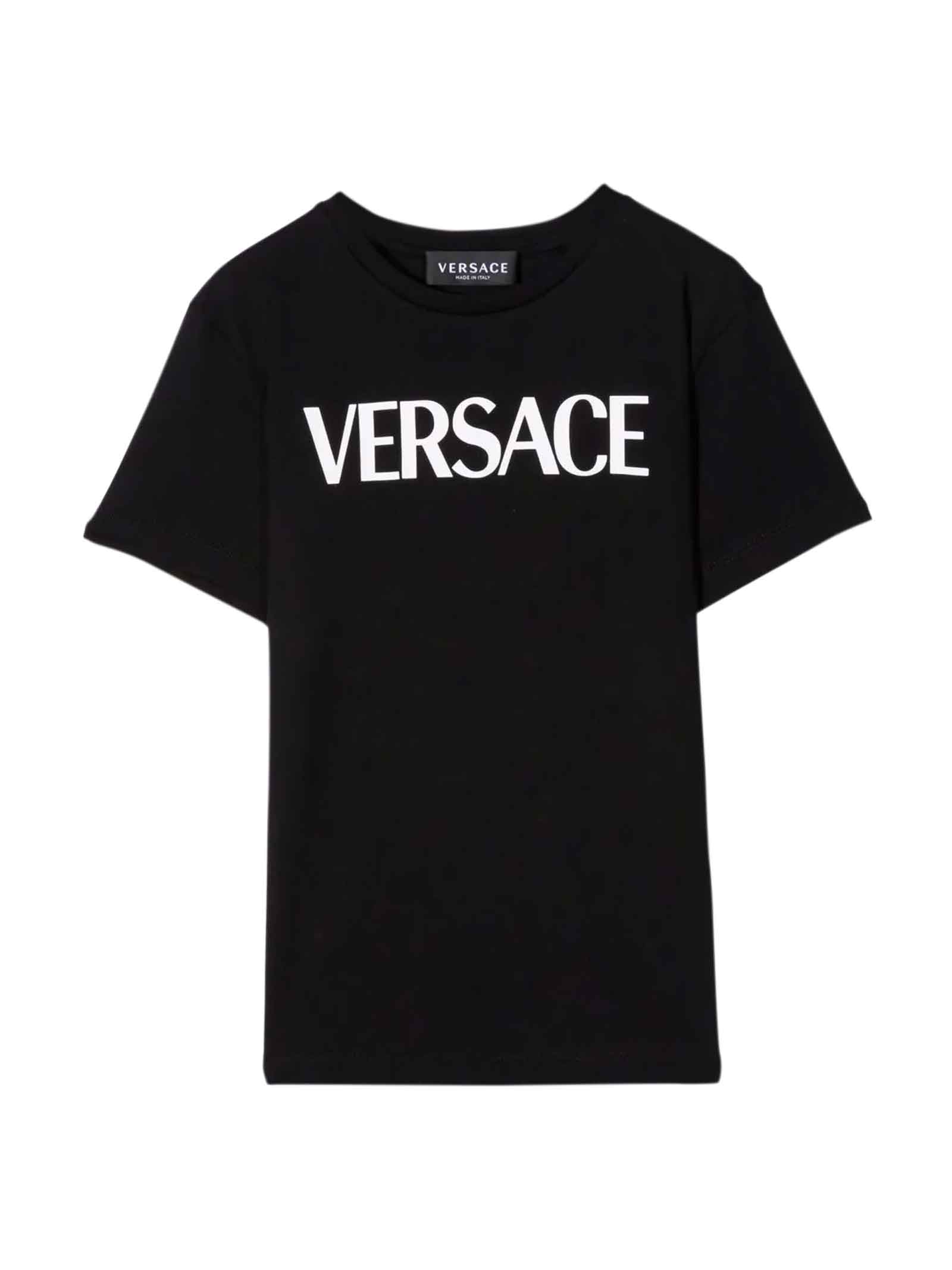 Versace Black T-shirt With Multicolor Print And Logo Kids
