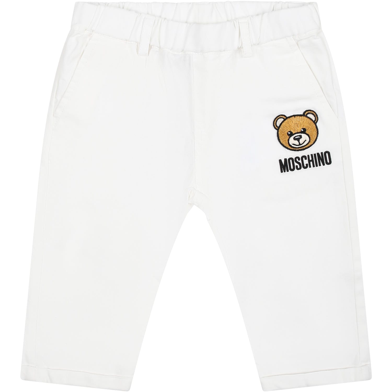 Moschino White Trousers For Baby Boy With Teddy Bear And Logo