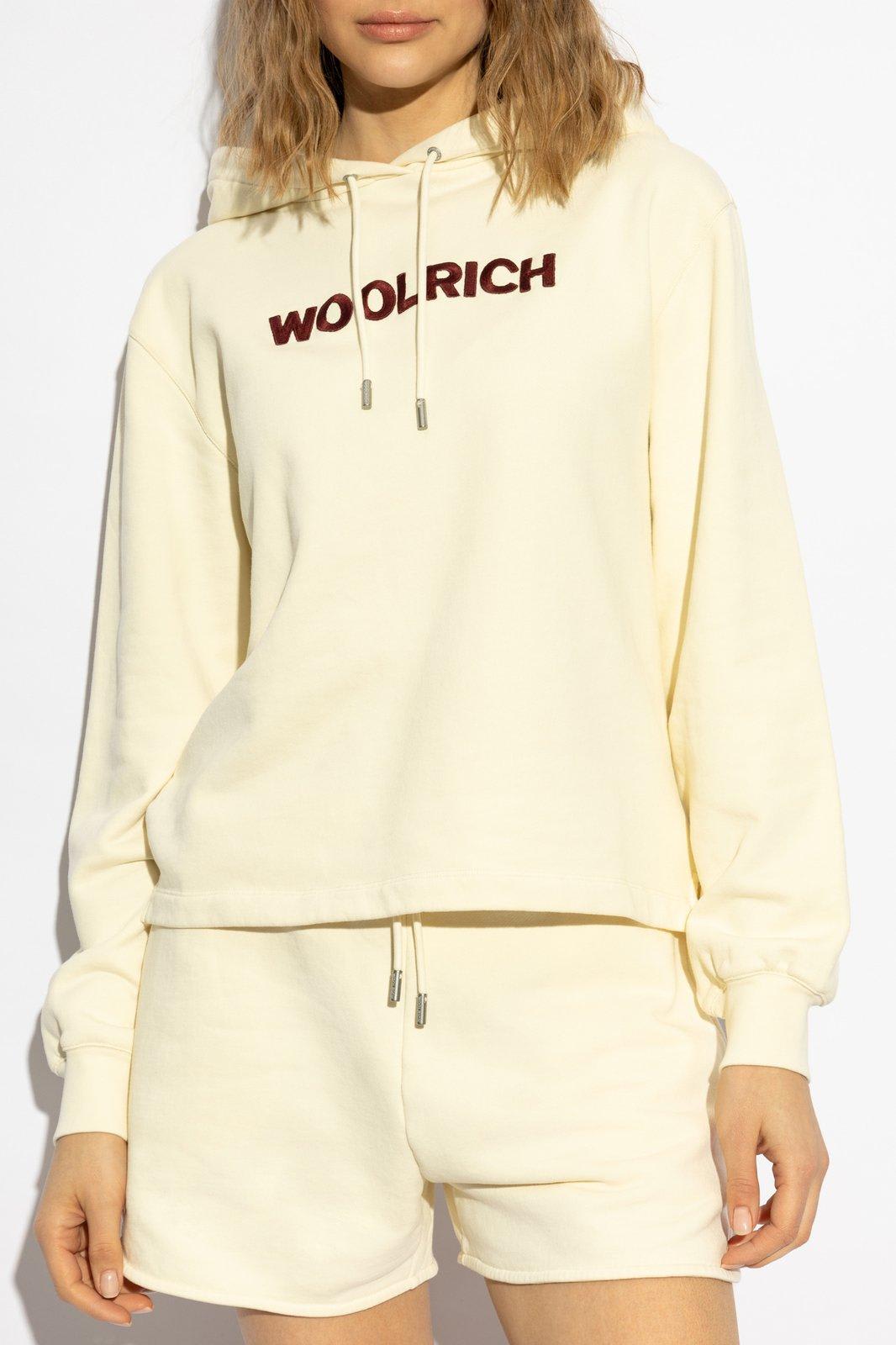 Woolrich Logo Embroidered Drawstring Hoodie In Bianco