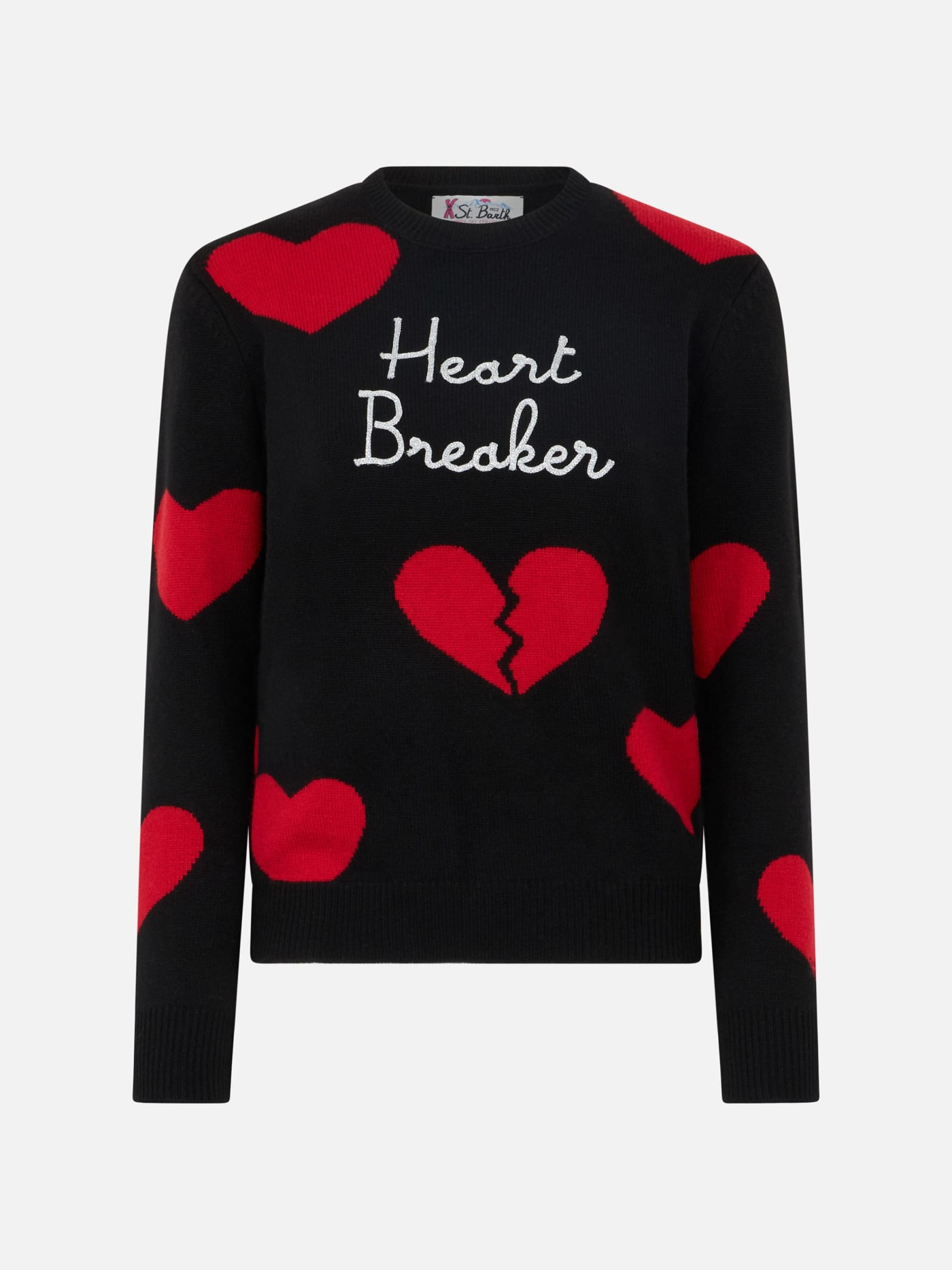 Mc2 Saint Barth Woman Crewneck Sweater With Heart Breaker Embroidery In Black