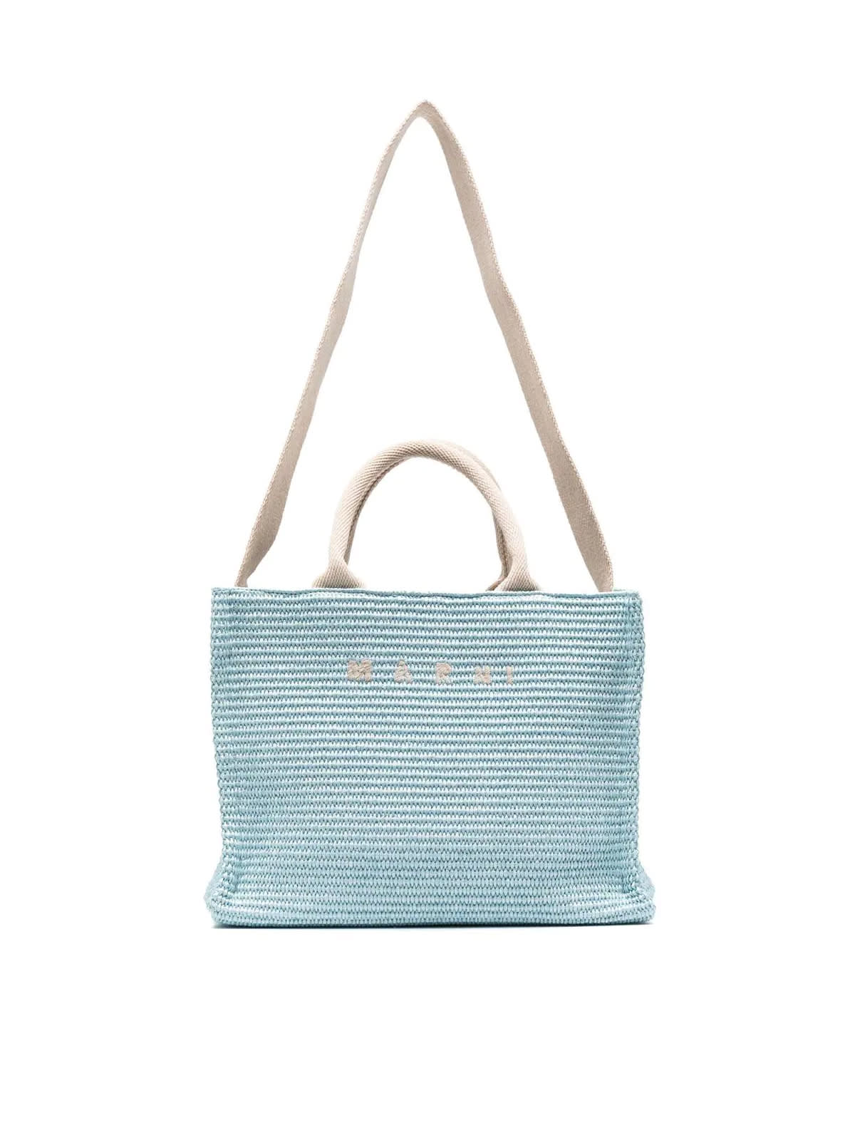 Marni Woven Raffia Small Tote Bag In Light Blue Natural