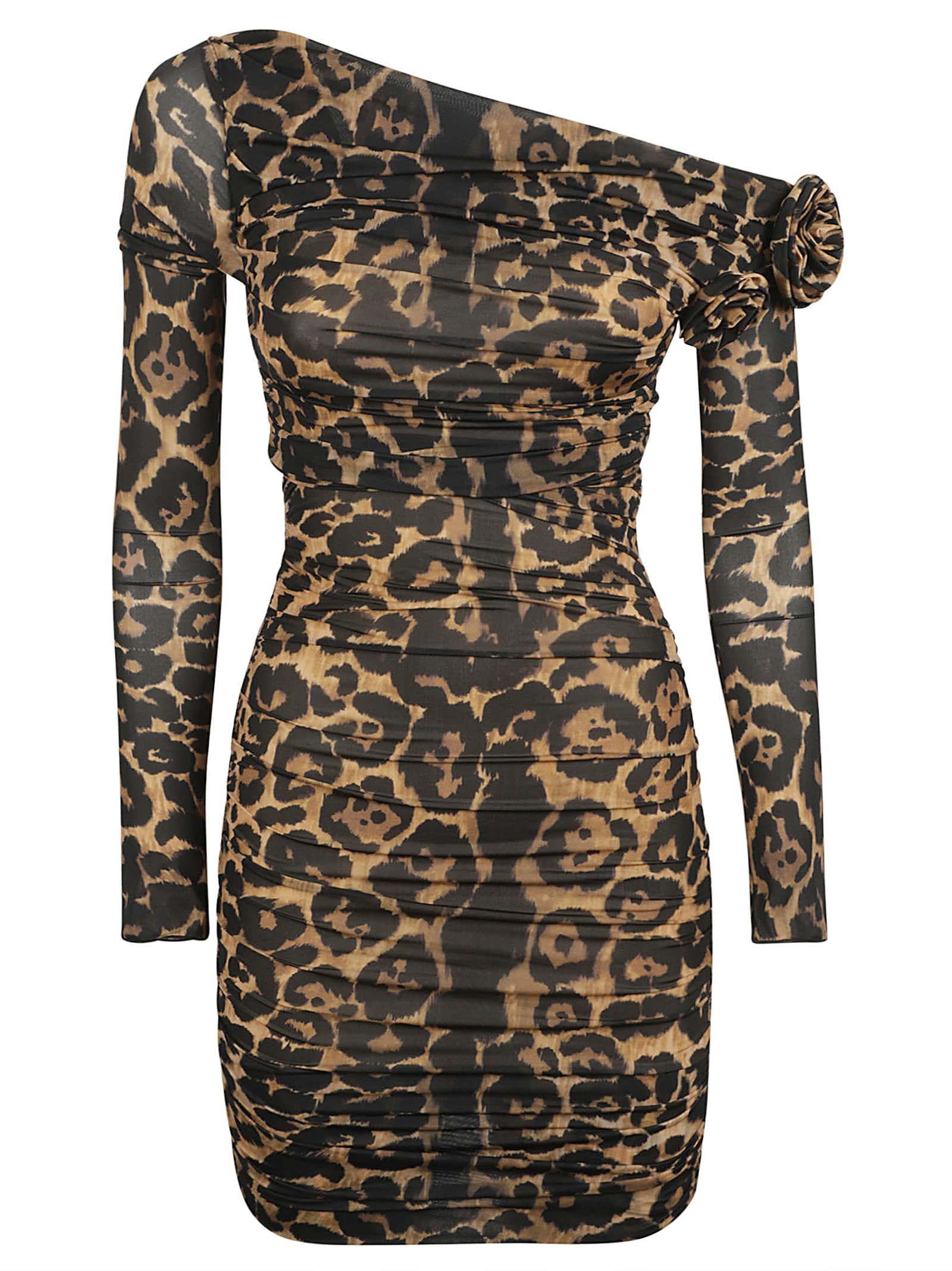Shop Blumarine Single-shoulder Animalier Print Short Dress In Sand/black