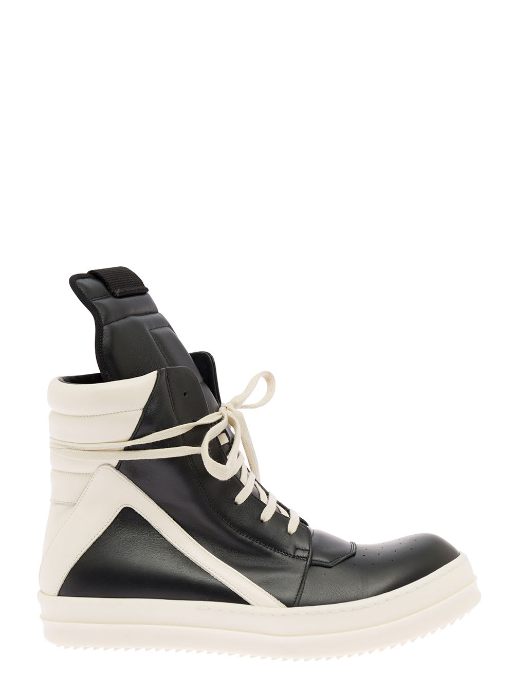 Rick Owens Mans Geobasket White And Black Leather Sneakers