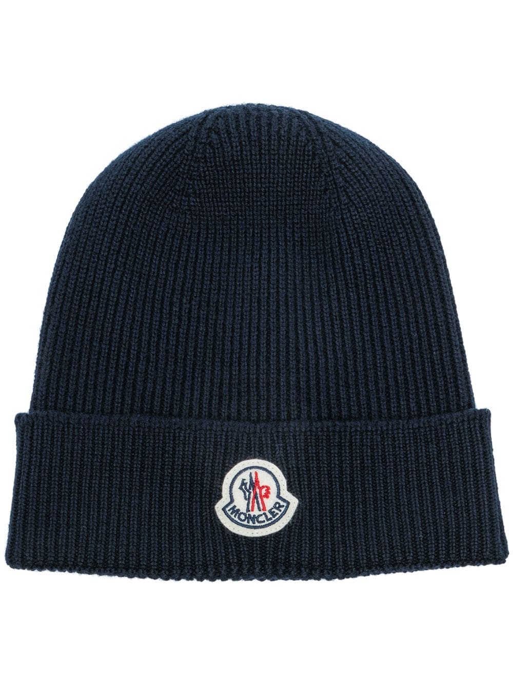 Moncler Man Navy Blue Ribbed Hat With Logo Patch